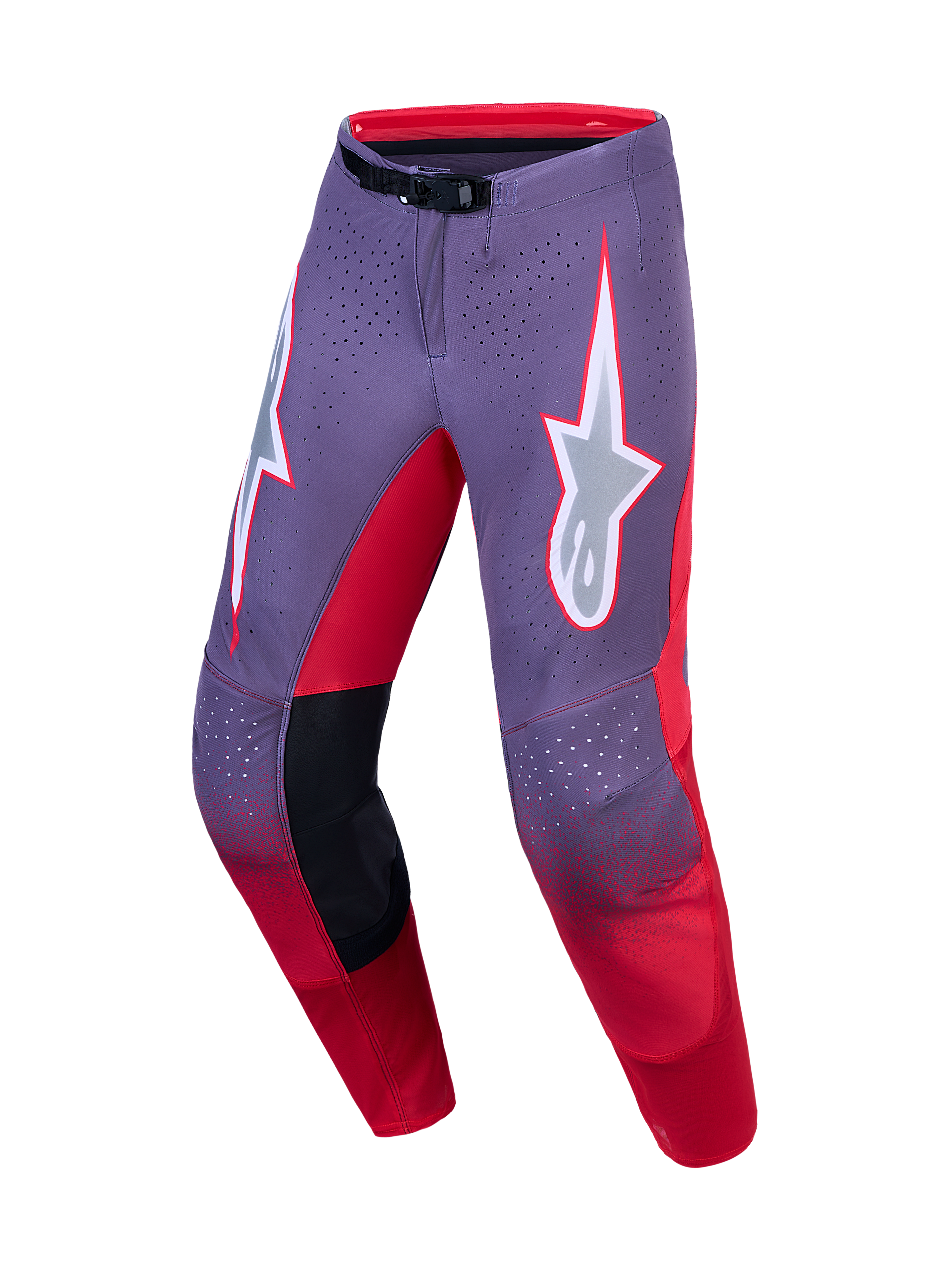 Alpinestars Supertech Hiten AFD Motocross-Hose, Lila und Rot, professionelle Motocross-Ausrüstung mit Laser-cut-Belüftung, präzise Rennpassform.