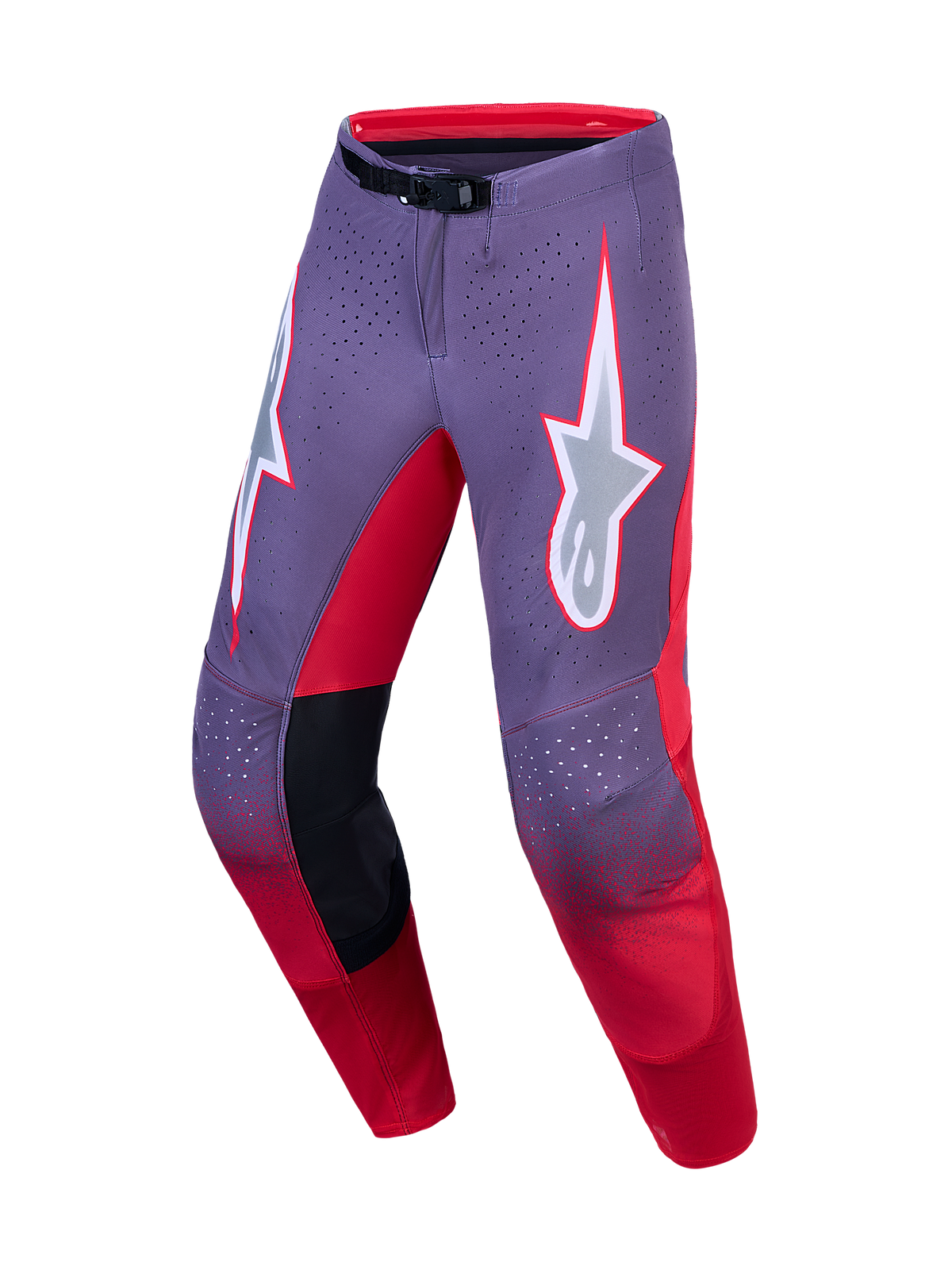 Alpinestars Supertech Hiten AFD Hose, Herren-MX-Hose, Helllila und Neonrot, Stretch-Ripstop-Gewebe, SX1-Magnetverschluss.