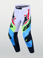Alpinestars Supertech Dyna Hose, Motocross-Rennhose in Helllila und Neongrün mit schützenden Leder-Knieeinsätzen.