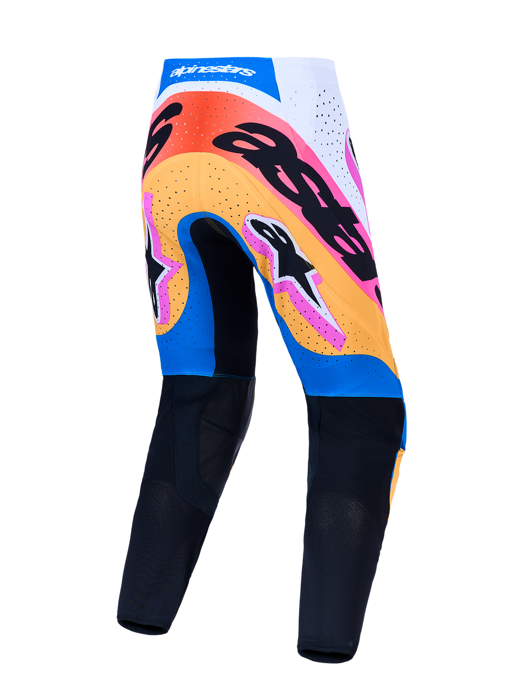 Alpinestars Supertech Dyna Hosen, Herren-Motocross-Hosen, Rückansicht, Blau und Schwarz mit bunten Grafiken.