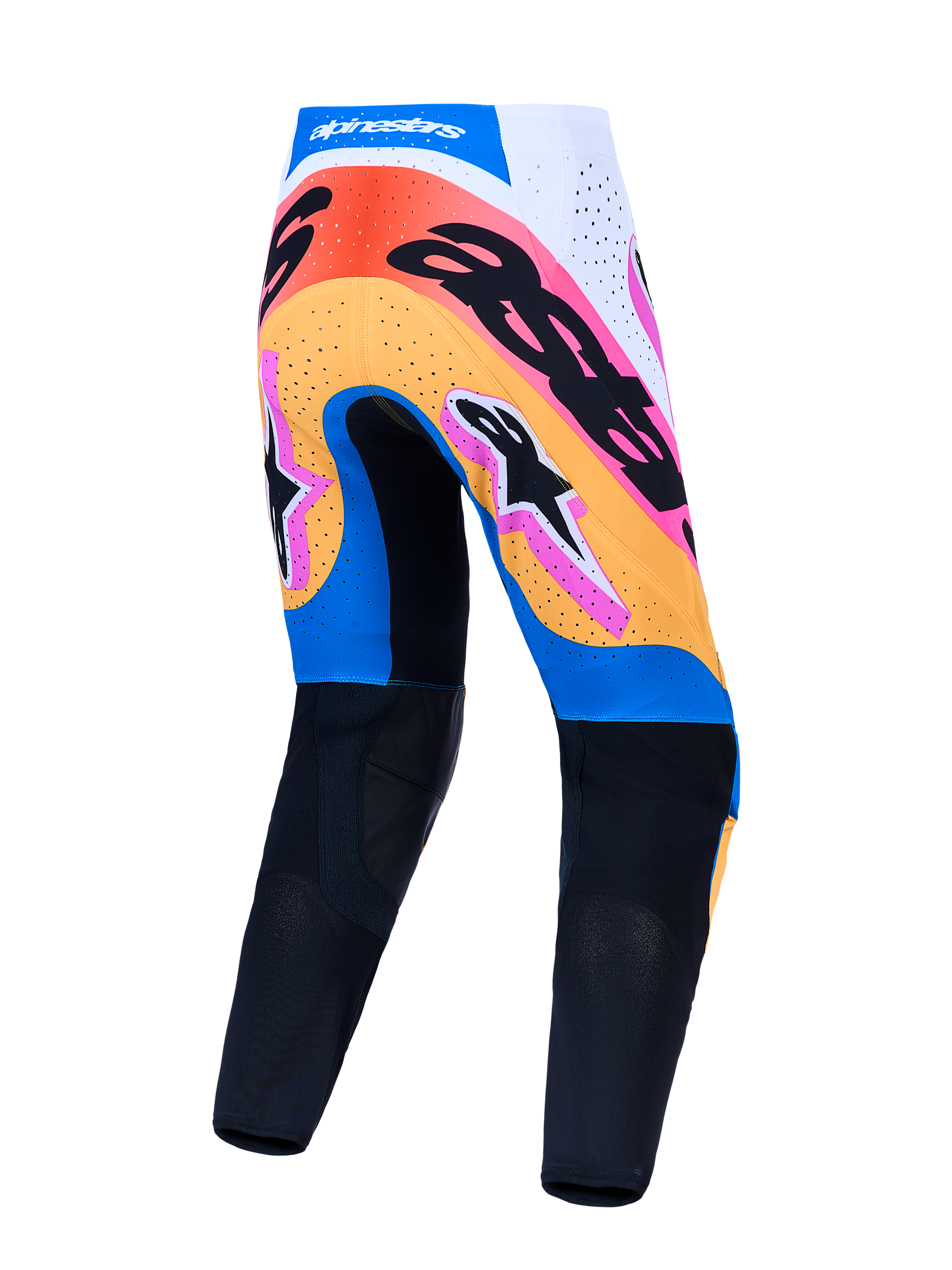 Alpinestars Supertech Dyna Hosen, Herren-Motocross-Hosen, Rückansicht, Blau und Schwarz mit bunten Grafiken.