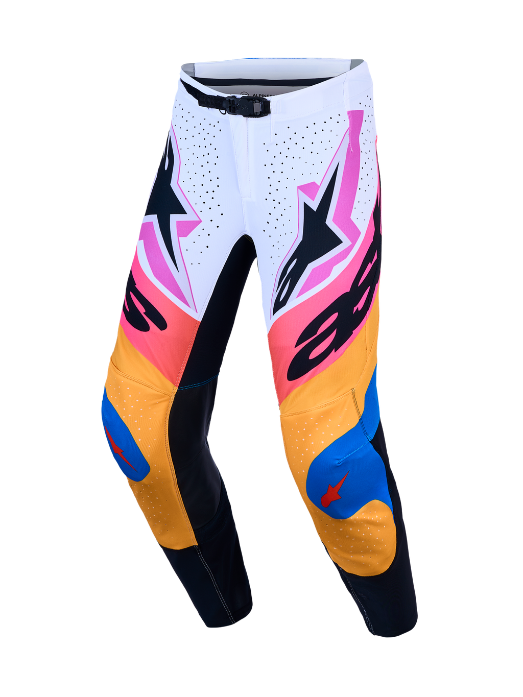 Alpinestars Supertech Dyna Hosen, Motocrosshosen in Weiß, Blau und Orange, aus leichtem Stretch-Ripstop mit athletischer Passform für optimale Offroad-Performance.