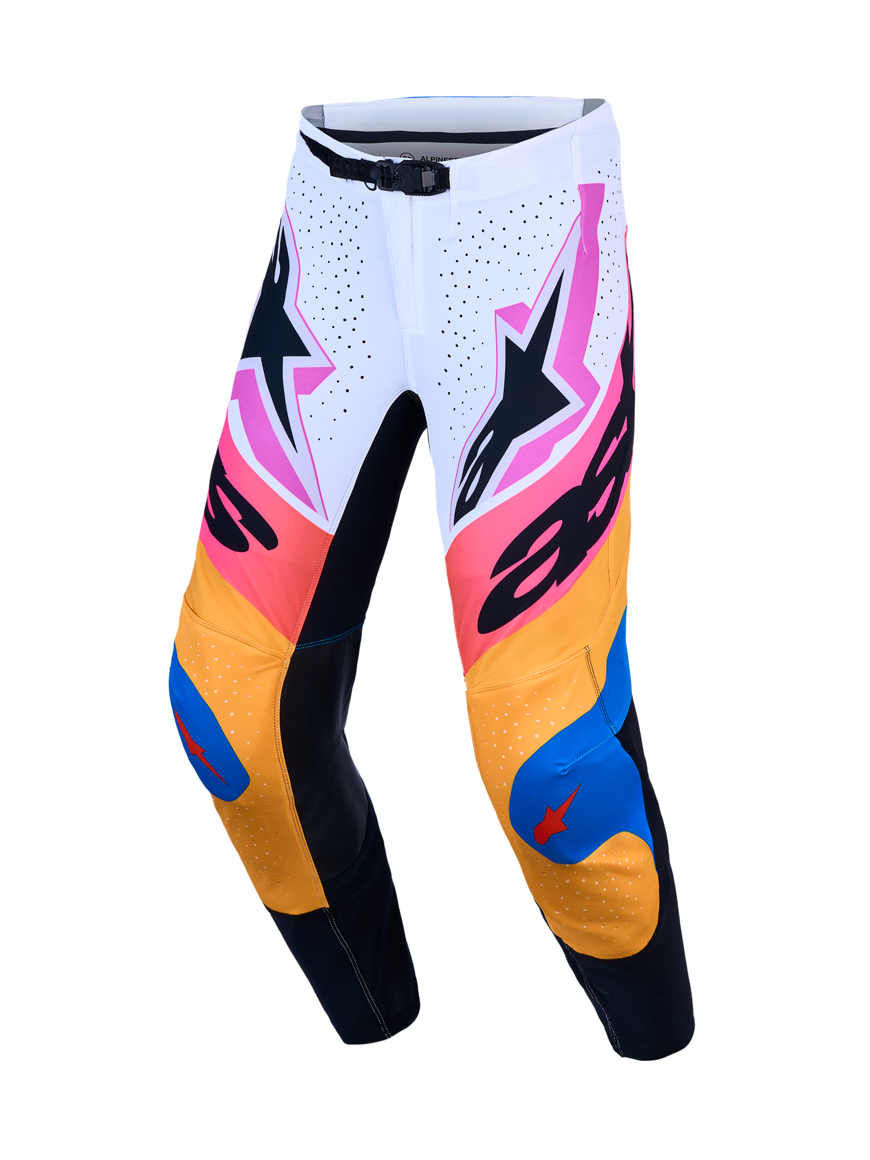 Alpinestars Supertech Dyna Hosen, Motocrosshosen in Weiß, Blau und Orange, aus leichtem Stretch-Ripstop mit athletischer Passform für optimale Offroad-Performance.
