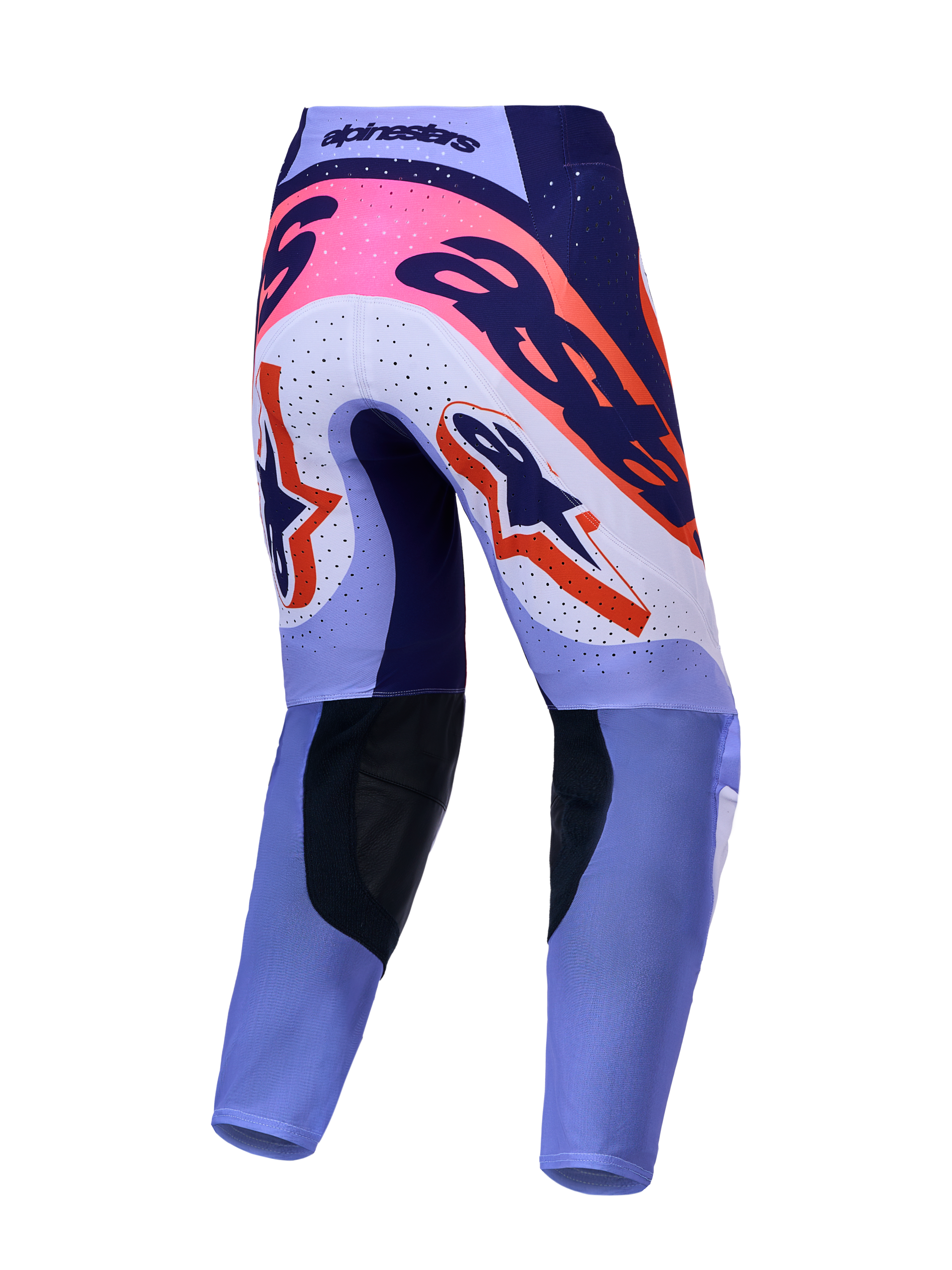 Alpinestars Supertech Dyna Motocross-Hose in Hellviolett und Dunkelviolett mit Pink Fluo-Akzenten, Rückansicht.