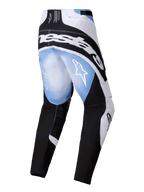 Alpinestars 2025 Techstar Melt Hose, Motocross-Hose, Schwarz, Weiß und Blau mit Melt-Effekt-Farbverlauf, Rückansicht mit großem weißem Logo über der Hüfte und Stern-Logos auf den Oberschenkeln, sportliches Design für den Offroad-Rennsport.