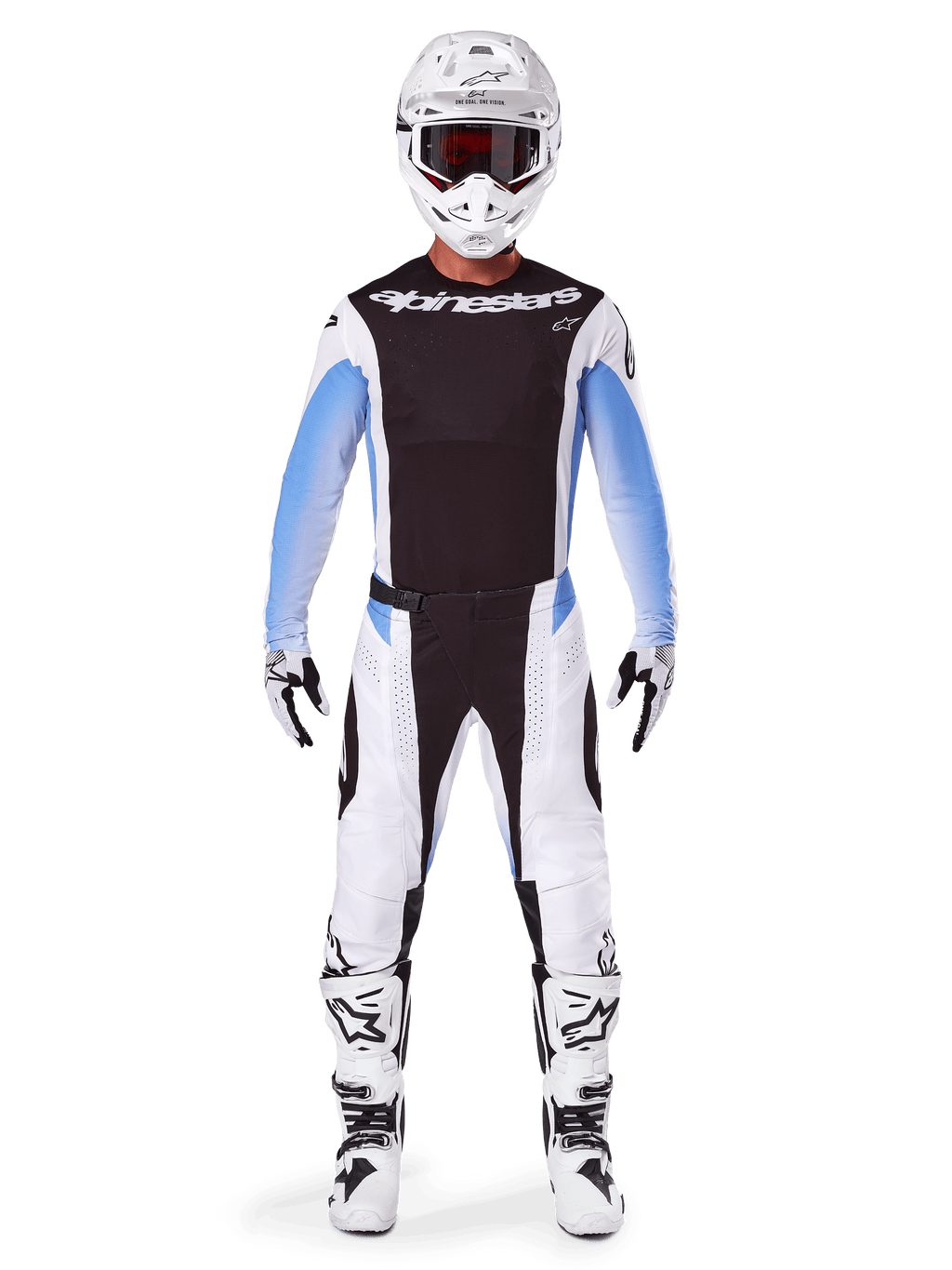 Motocross-Fahrer in Alpinestars 2025 Techstar Melt Hose, Motocross-Hose, Schwarz und Blau, weiß-schwarzes Multi-Panel-Design mit blauen Hüftakzenten, getragen mit passendem weißem Trikot, weißem Helm, weißen Handschuhen und Stiefeln für eine komplette Offroad-Rennausrüstung
