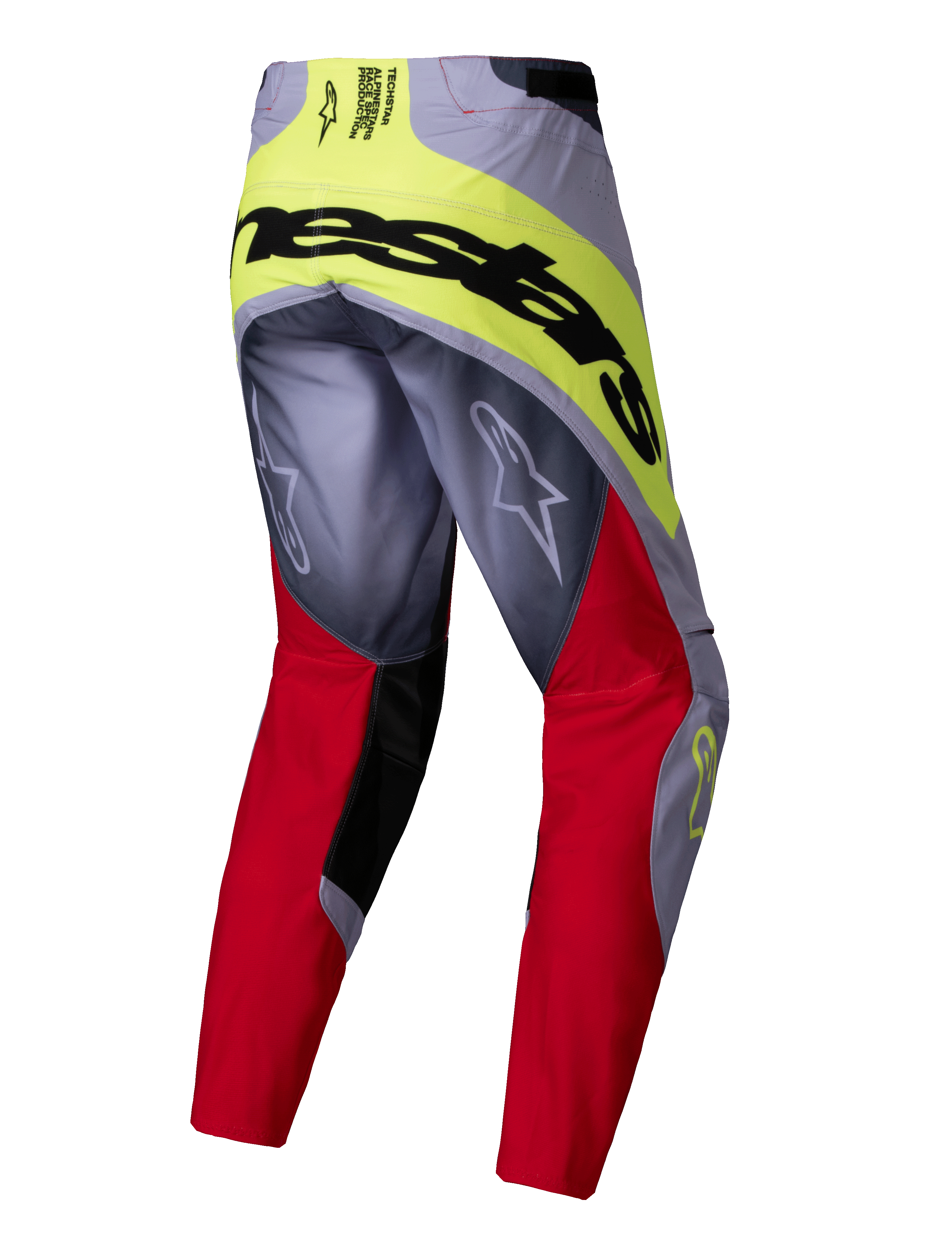 Alpinestars 2025 Techstar Melt Hose, Motocross-Hose, Hellrot und Grau mit neongelben Akzenten, Rückansicht mit großem schwarzem Alpinestars-Schriftzug am Gesäß und Astars-Logos auf den Beinen, strapazierfähiges Multi-Material-Design für den Offroad-Rennsport.