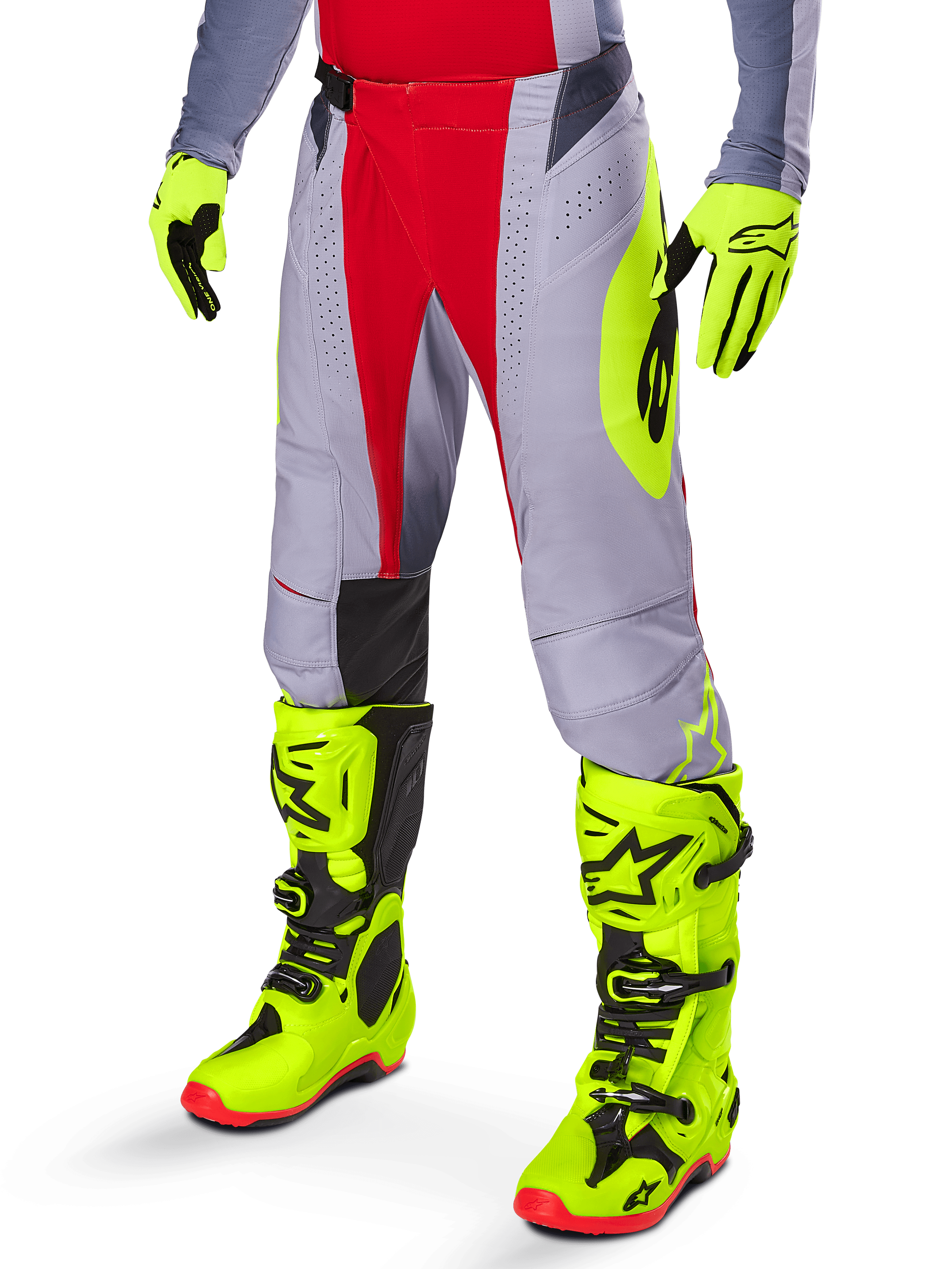 Alpinestars 2025 Techstar Melt Hose, Motocross-Hose, Hellrot und Grau, mit neongelben Seitengrafiken und schwarzen Knieeinsätzen, kombiniert mit passenden neongelben Stiefeln und Handschuhen, entwickelt für wettbewerbsorientierte Offroad-Performance