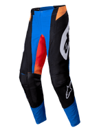 Alpinestars 2025 Techstar Melt Hose, Motocross-Hose, Orange und Blau, leuchtend blaue Einsätze mit schwarzen verstärkten Kniepartien, Akzente mit orangefarbenem Farbverlauf, großes weißes Alpinestars-Logo an der Seite, strapazierfähiges Textildesign für Offroad-Performance
