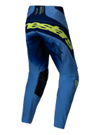 Alpinestars 2025 Techstar Melt Hose, Motocross-Hose, Gelb Fluo Blau, Rückansicht mit großem neongelbem Markenschriftzug auf der Rückseite, marineblauen Einsätzen, Stern-Logos auf den Oberschenkeln und schwarzen Verstärkungen an der Knieinnenseite