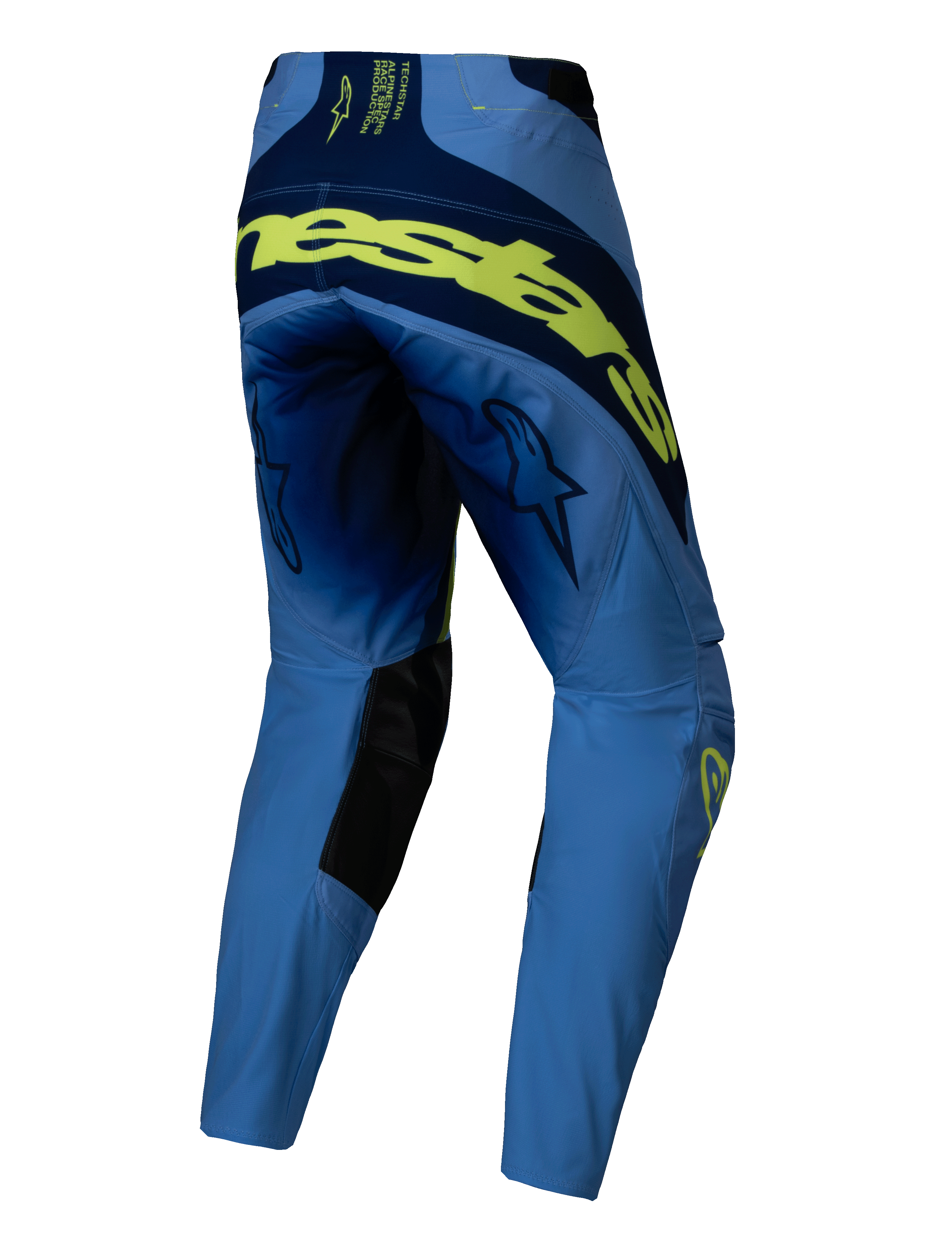 Alpinestars 2025 Techstar Melt Hose, Motocross-Hose, Gelb Fluo Blau, Rückansicht mit großem neongelbem Markenschriftzug auf der Rückseite, marineblauen Einsätzen, Stern-Logos auf den Oberschenkeln und schwarzen Verstärkungen an der Knieinnenseite