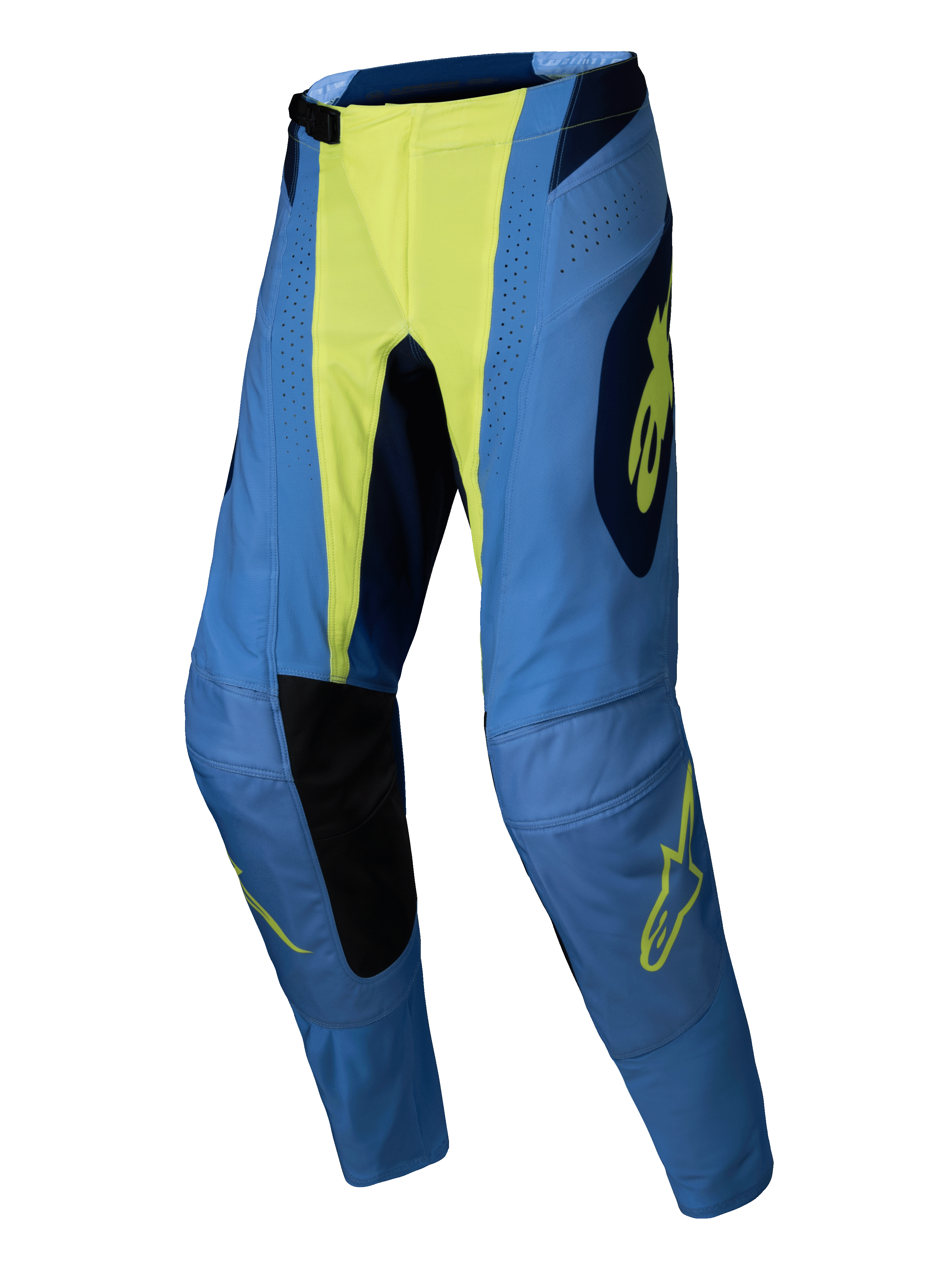 Alpinestars 2025 Techstar Melt Hose, Motocross-Hose, Yellow Fluo Blue, Blau mit neongelber Mitte und Logo-Details, schwarze Knie-Innenpanele, Laser-Perforationen, athletische Race-Passform für Offroad-Performance