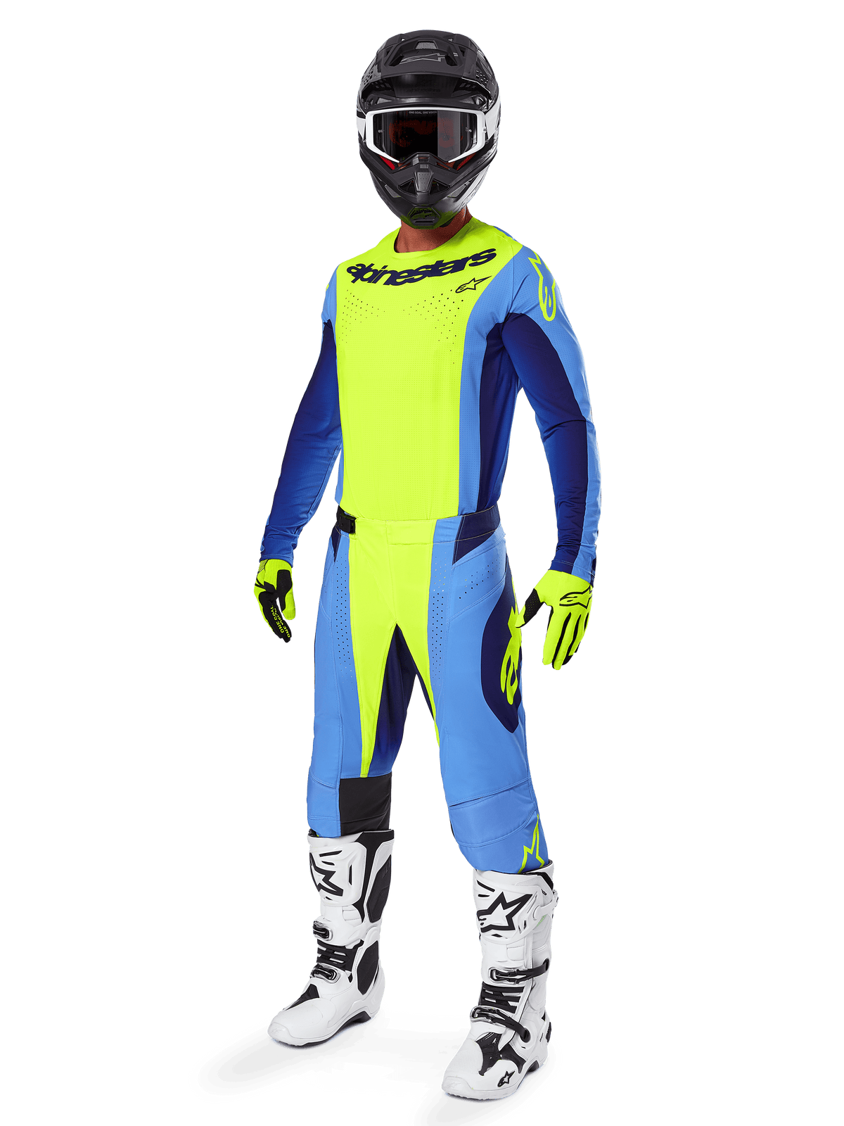 Alpinestars 2025 Techstar Melt Gear Set, Complete Motocross Racing Outfit, Neon Yellow and Blue, Black helmet with goggles, Yellow and black gloves, White and black boots, Full MX gear kit