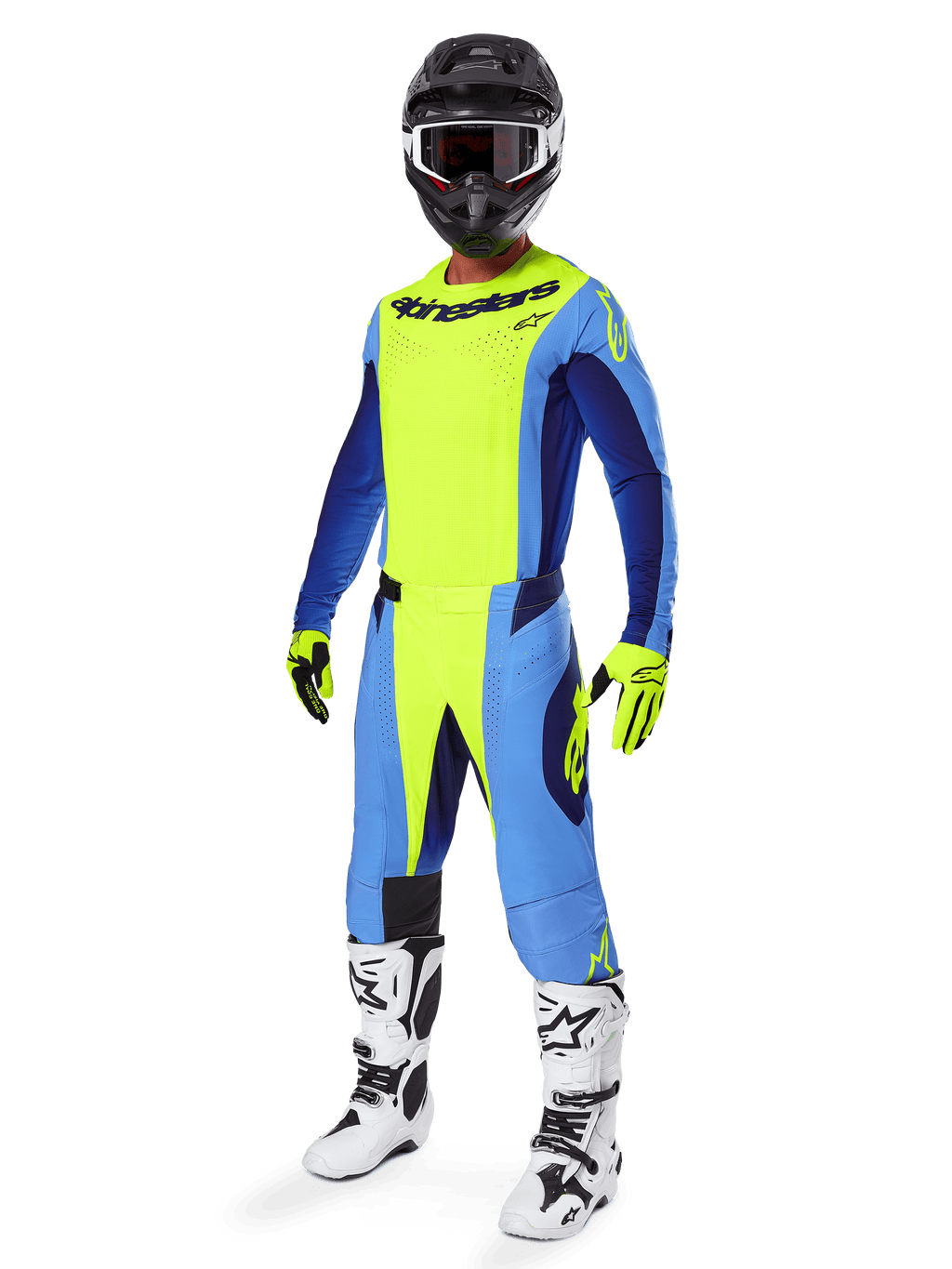 Alpinestars 2025 Techstar Melt Hose, Motocross-Hose, Gelb Fluo und Blau, getragen als Teil eines kompletten Rennausrüstungssets mit passendem Jersey, gelben und schwarzen Handschuhen, weiß-schwarzen Stiefeln und schwarzem Helm mit weißer Brille, abgestimmte Offroad-Performance-Ausrüstung.