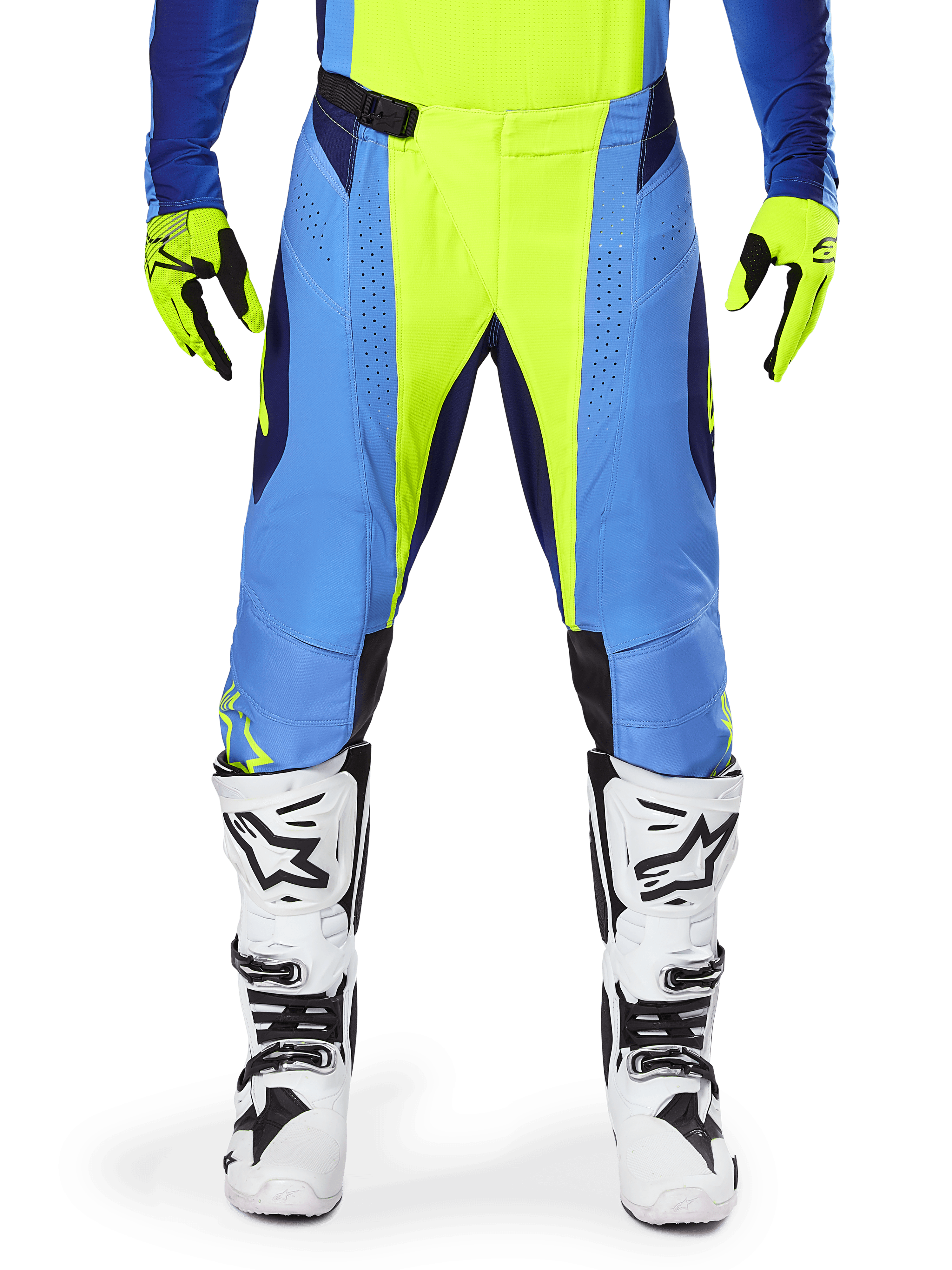 Alpinestars 2025 Techstar Melt Hose, Motocross-Hose, Gelb Fluo Blau, getragen mit passendem Trikot, gelben Handschuhen und weiß-schwarzen Stiefeln, Multi-Panel-Design mit lasergeschnittenen Perforationen und magnetischer Taillenschnalle für professionellen Offroad-Rennsport