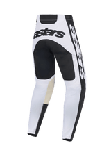 Alpinestars 2026 Racer Riway Pants, Motocross Pants, White and Black, rear view featuring bold black astars branding on the back yoke, black reinforced seat panel, and tan goat leather inner knee patches, durable design for off-road racing