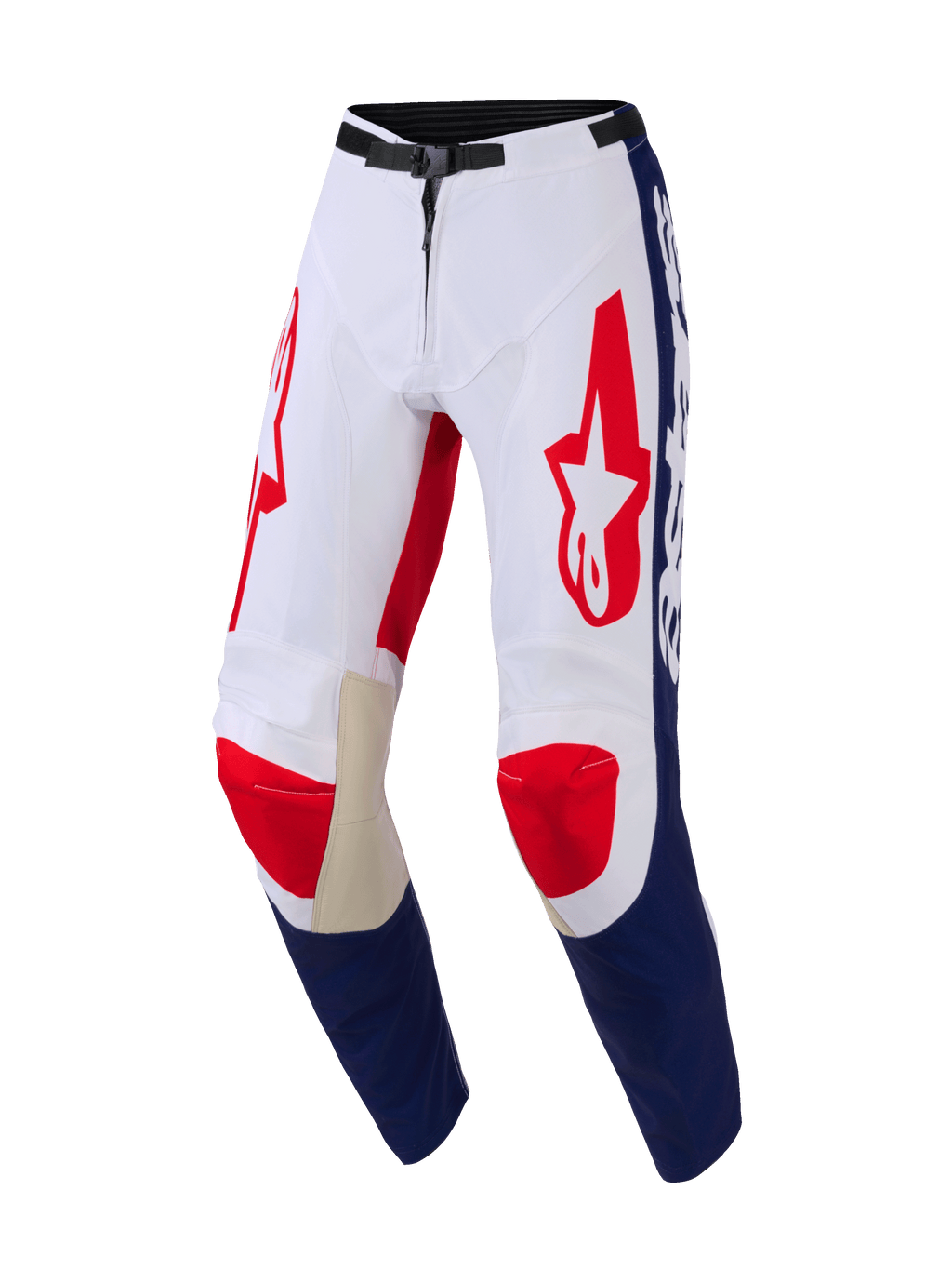 Alpinestars 2026 Racer Riway Hose, Motocross-Hose, Weiß, Blau und Rot, mit roten Astar-Logos auf den Oberschenkeln, blauen Einsätzen an den Unterschenkeln, hellbraunen Lederverstärkungen an der Knieinnenseite und einer schwarzen magnetischen Taillenschnalle, strapazierfähiges Design für Offroad-Performance