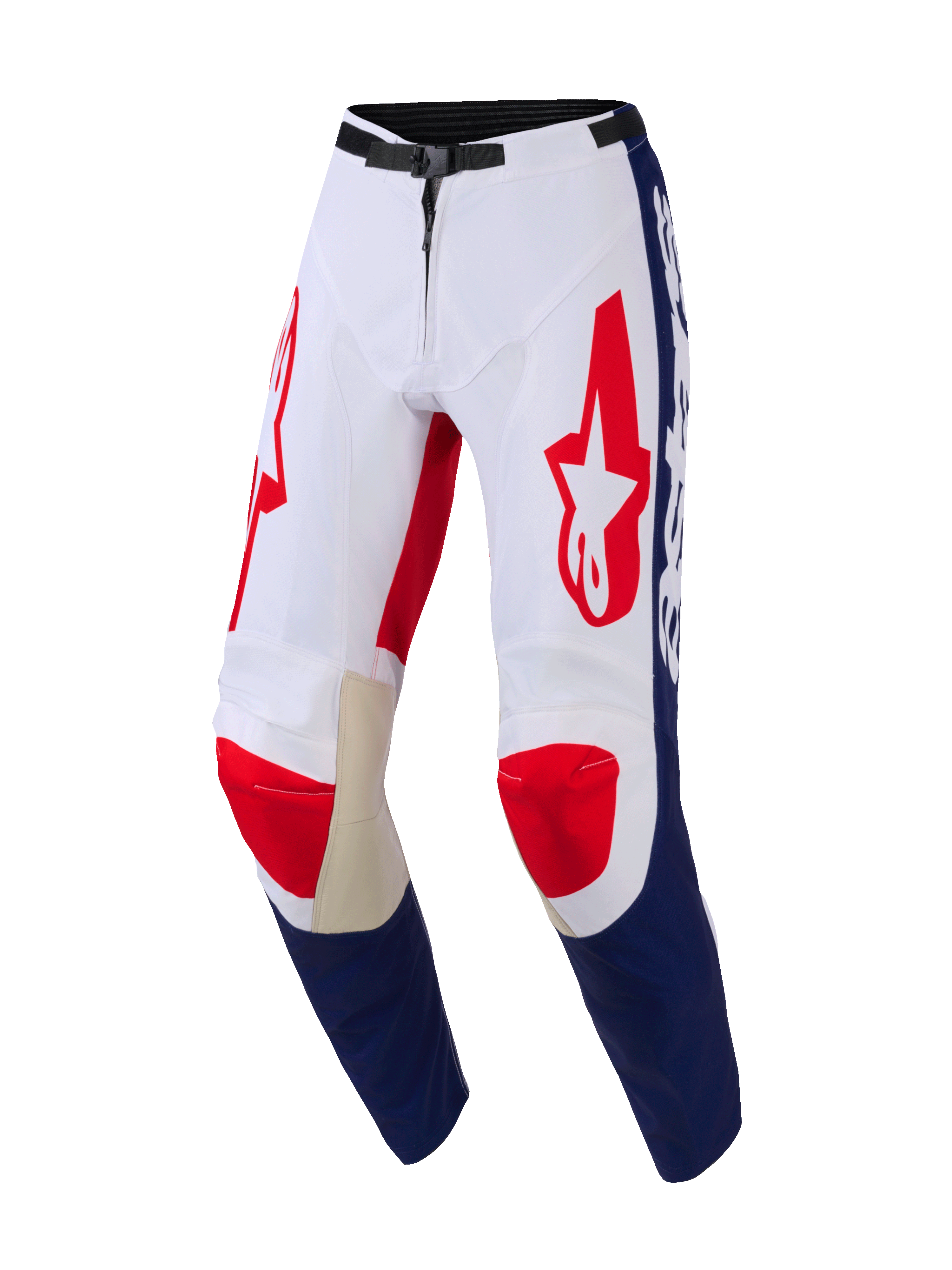 Alpinestars 2026 Racer Riway Hose, Motocross-Hose, Weiß, Blau und Rot, mit roten Astar-Logos auf den Oberschenkeln, blauen Einsätzen an den Unterschenkeln, hellbraunen Lederverstärkungen an der Knieinnenseite und einer schwarzen magnetischen Taillenschnalle, strapazierfähiges Design für Offroad-Performance