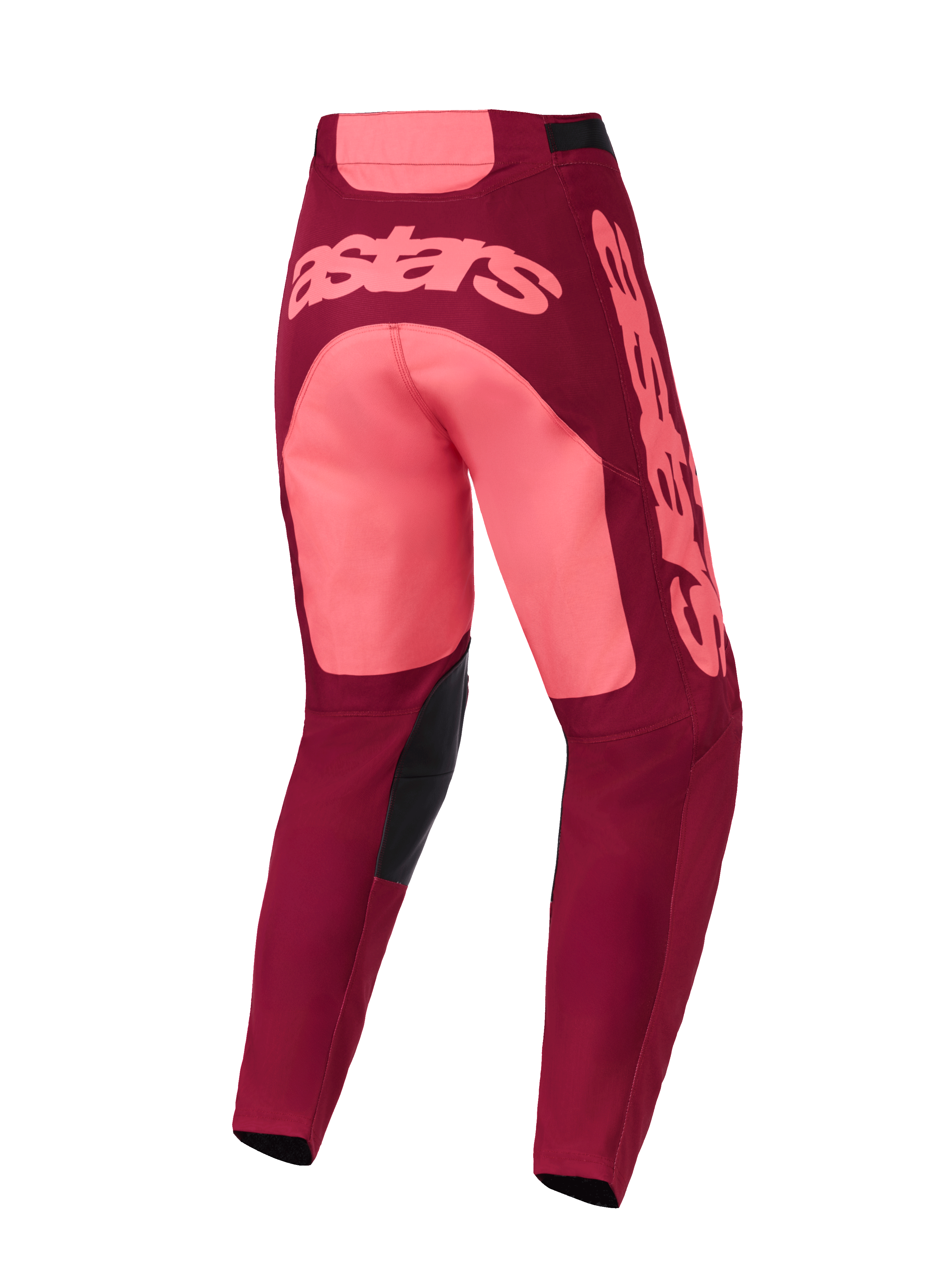 Alpinestars 2026 Racer Riway Pants, Motocross Pants, Dark Red Coral, back view featuring large pink Astars branding across the seat and leg, black inner knee patches, ergonomic design for off-road performance.