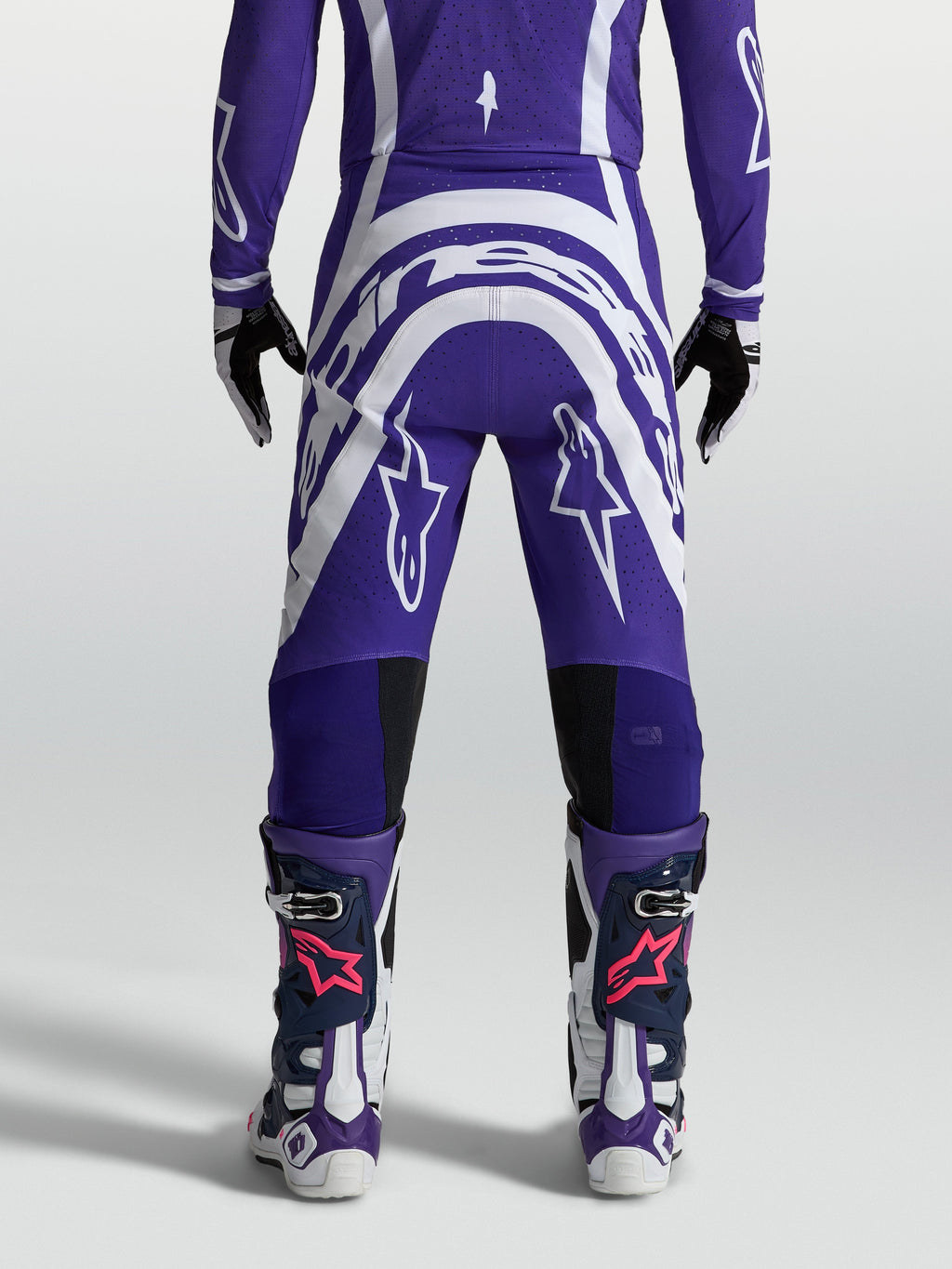 Alpinestars Supertech Vesta Hose, Motocrosshose, Blau und Weiß, Rückansicht mit athletischer Passform und Ripstop-Gewebe.