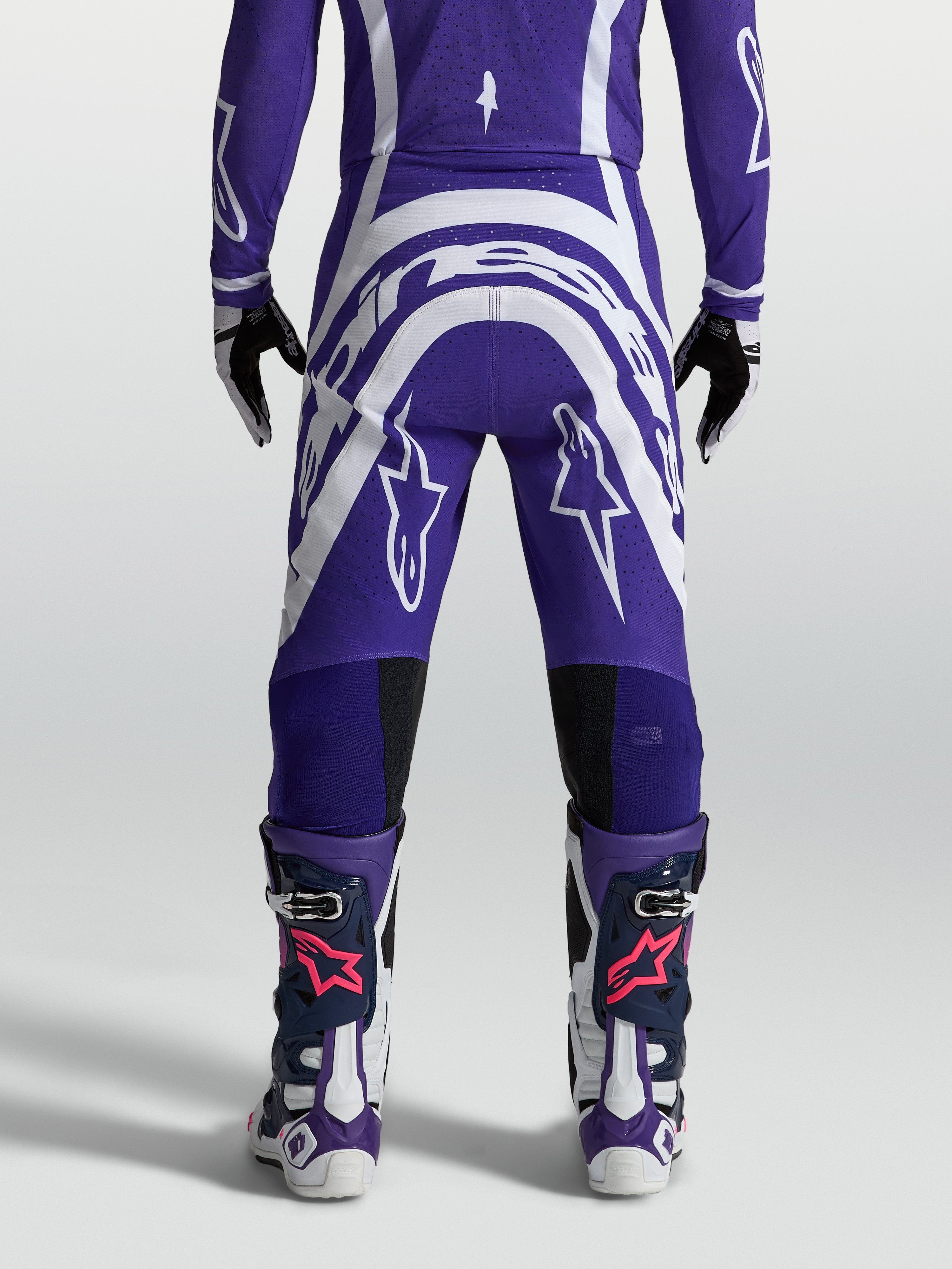 Alpinestars Supertech Vesta Hose, Motocrosshose, Blau und Weiß, Rückansicht mit athletischer Passform und Ripstop-Gewebe.