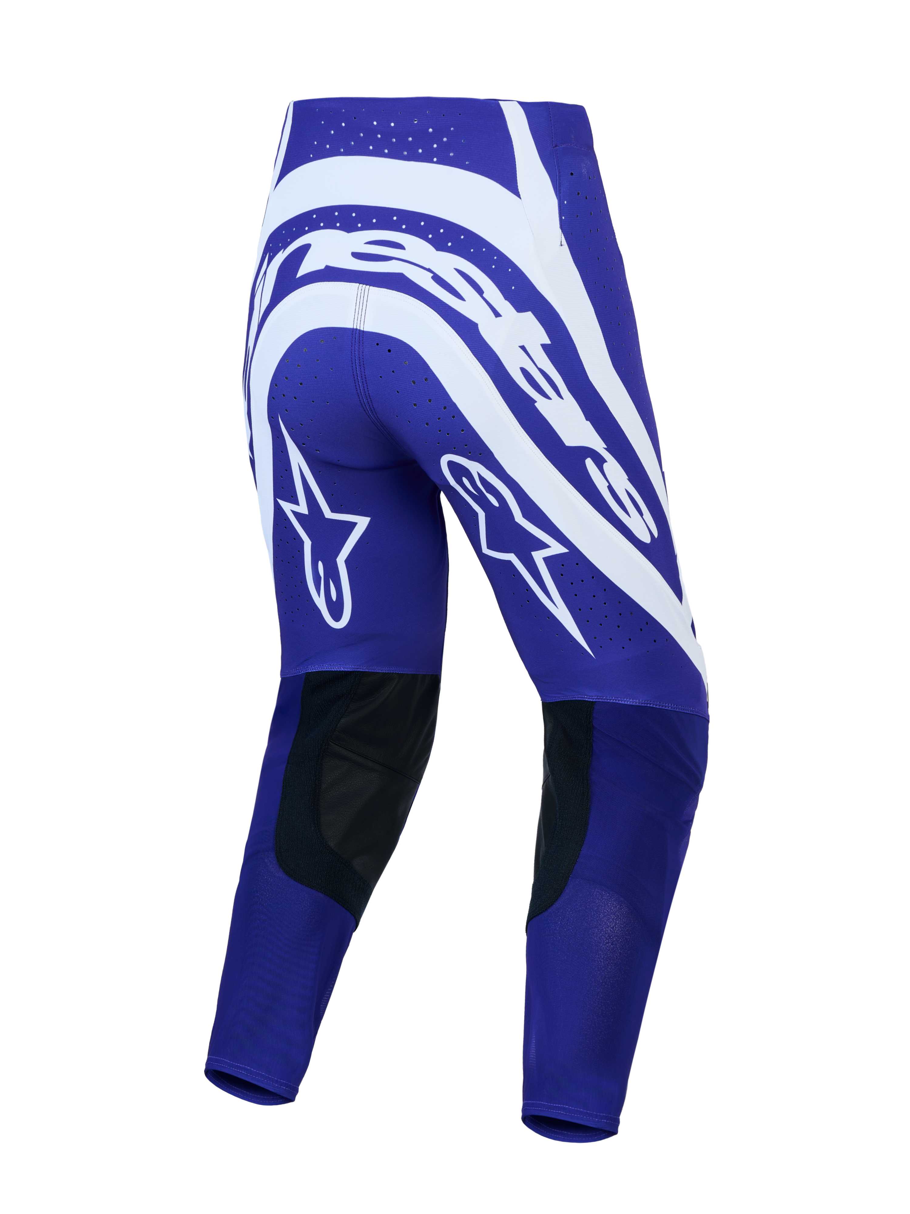 Alpinestars Supertech Vesta Hose, Herren-Motocross-Hose, Blau-Weiß, Rückansicht mit Stern-Grafiken und Leder-Knieeinsätzen.