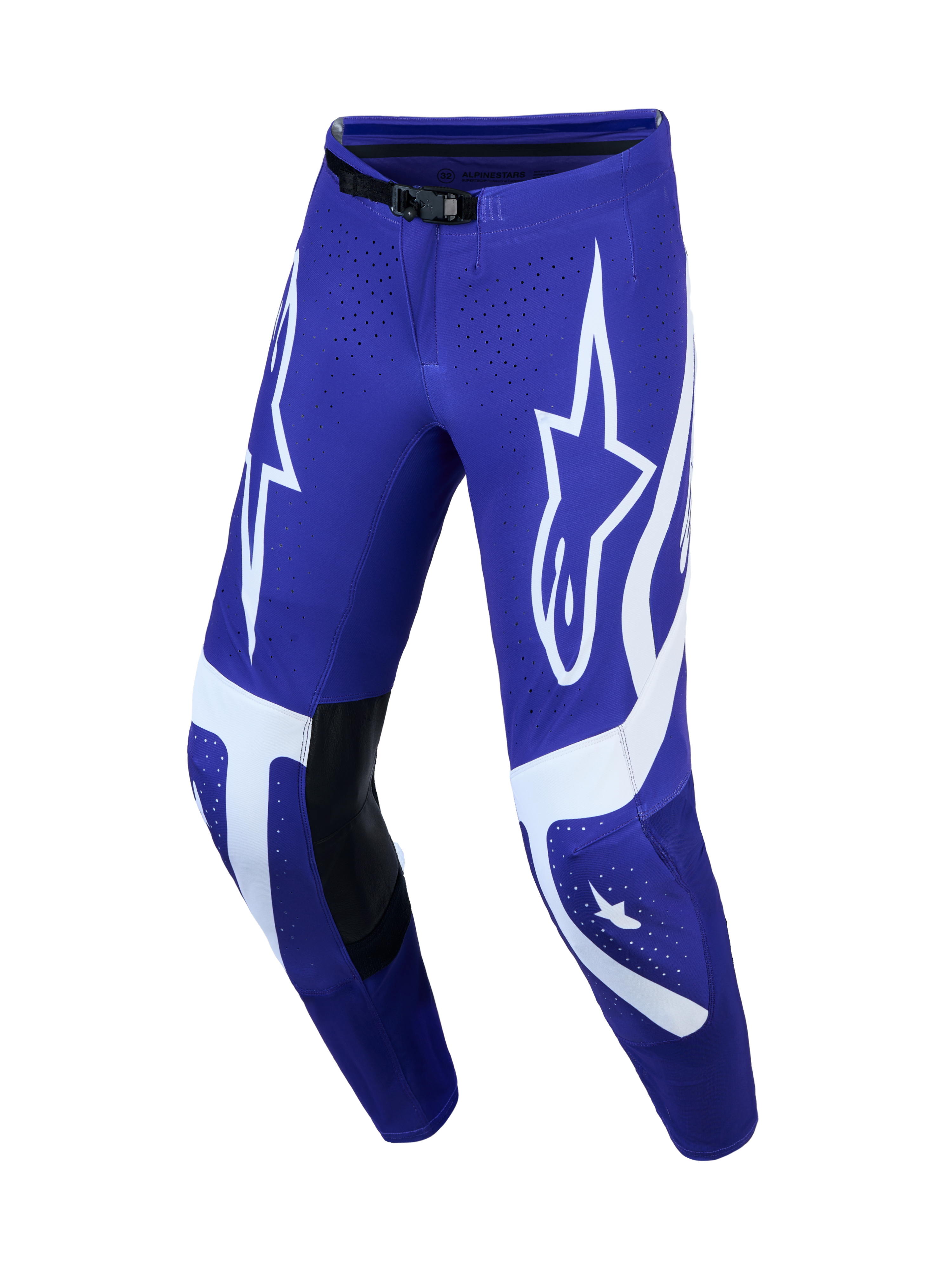 Alpinestars Supertech Vesta Motocrosshose für Herren, Dunkelblau und Weiß, mit Lederkniepanels und Sterngrafiken.