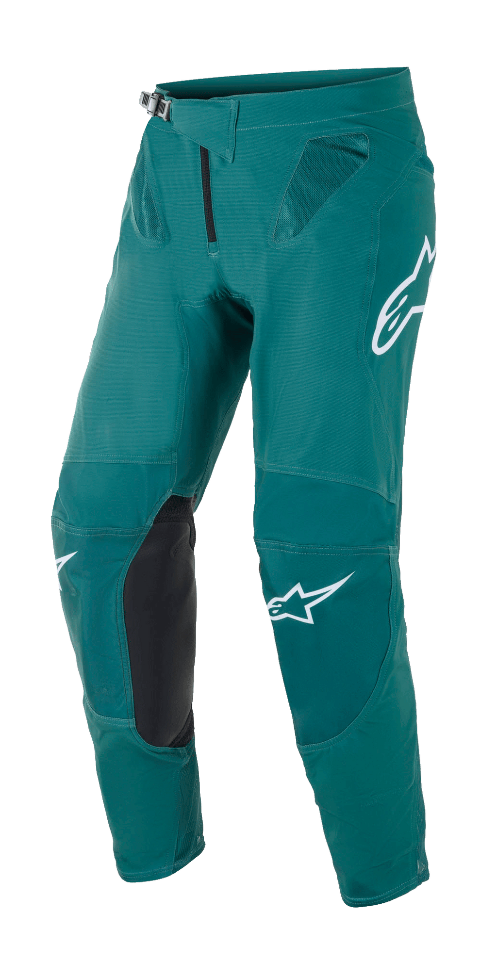 Alpinestars Supertech Blaze Hose, Motocross-Hose, Dunkelgrün, mit weißen Alpinestars-Logos, schwarzen Knieverstärkungen aus Leder, Ratschenverschluss an der Taille und Mesh-Belüftung an den Hüften, strapazierfähige Konstruktion für Offroad-Rennen