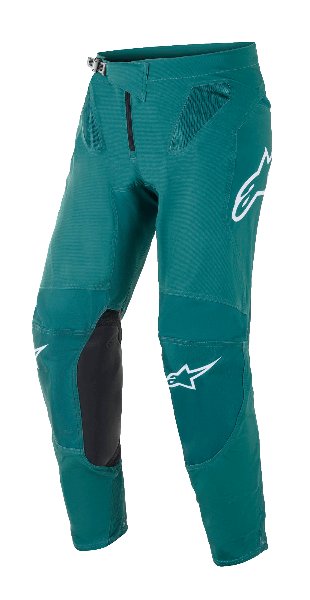 Alpinestars Supertech Blaze Hose, Motocross-Hose, Dunkelgrün, mit weißen Alpinestars-Logos, schwarzen Knieverstärkungen aus Leder, Ratschenverschluss an der Taille und Mesh-Belüftung an den Hüften, strapazierfähige Konstruktion für Offroad-Rennen