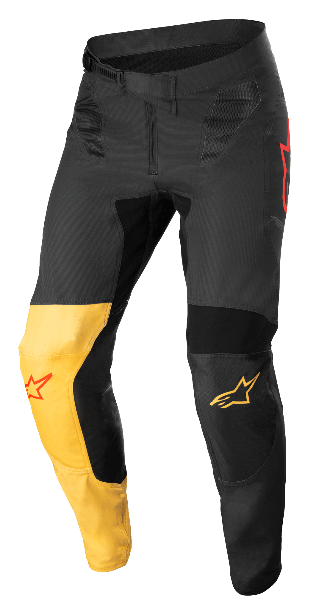 Alpinestars Supertech Blaze Hose, Motocross-Hose, Schwarz, Warmes Gelb und Fluo-Rot, mit markantem gelbem Knieeinsatz, roten Sternlogo-Akzenten, sicherem Ratschenverschluss an der Taille und verstärkten Schutzeinsätzen für Offroad-Performance.