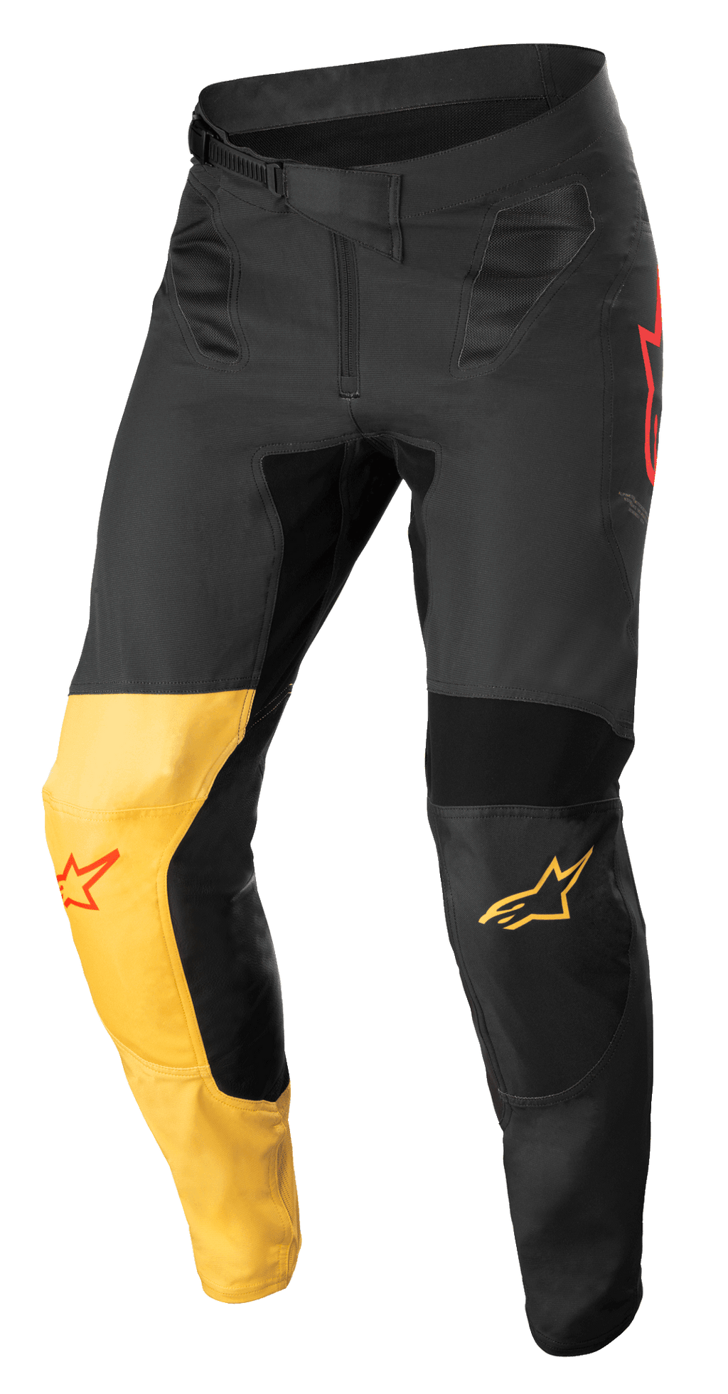 Alpinestars Supertech Blaze Hose, Motocross-Hose, Schwarz, Warmes Gelb und Fluo-Rot, mit markantem gelbem Knieeinsatz, roten Sternlogo-Akzenten, sicherem Ratschenverschluss an der Taille und verstärkten Schutzeinsätzen für Offroad-Performance.