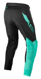 Alpinestars Supertech Blaze Hose, Motocross-Hose, Schwarz und Pastellgrün, Rückansicht in Dreiviertel-Perspektive mit ASTARS-Branding am Oberschenkel, atmungsaktivem Mesh an den Unterschenkeln und Stretch-Gewebe für ergonomische Leistung