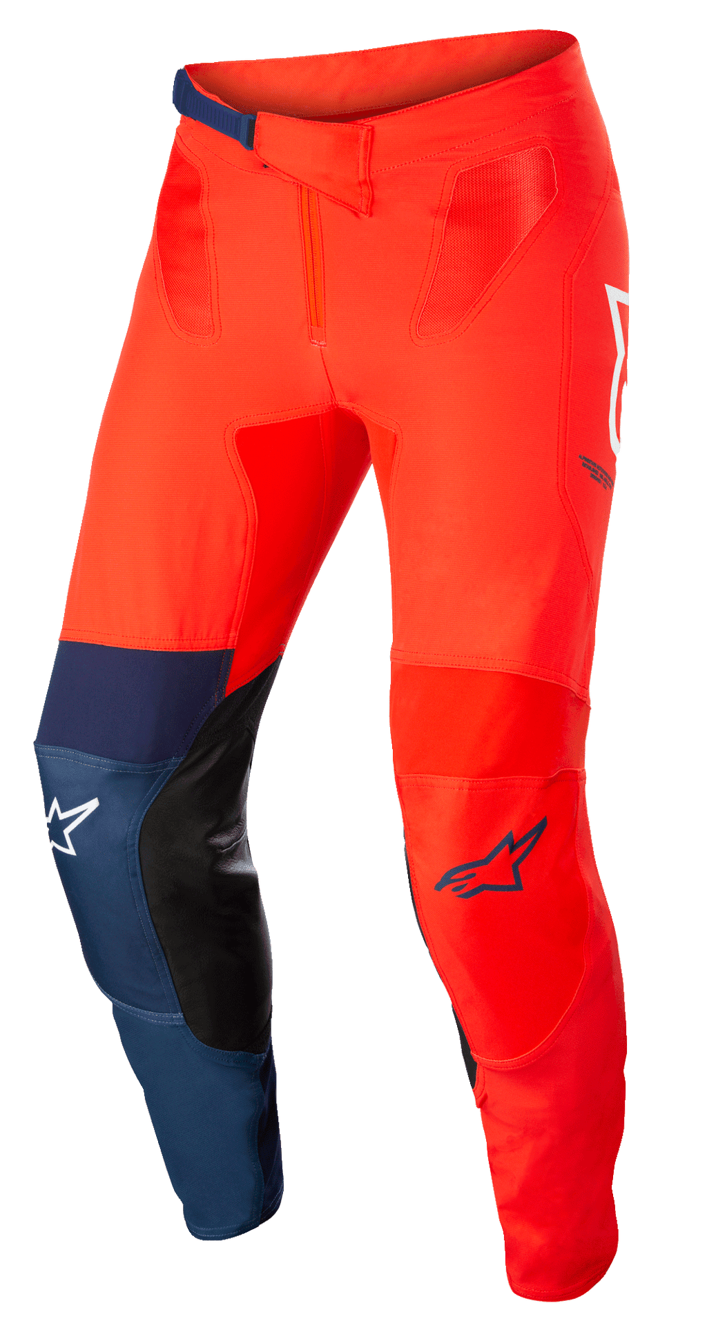 Alpinestars Supertech Blaze Hose, Motocross-Offroad-Hose, Hellrot und Dunkelblau mit weißen Akzenten, schwarze Leder-Knieeinsätze an der Innenseite, verstellbarer Ratschenverschluss am Bund, weiße und blaue Alpinestars-Logos, strapazierfähige Stretch-Konstruktion für Motocross-Rennen