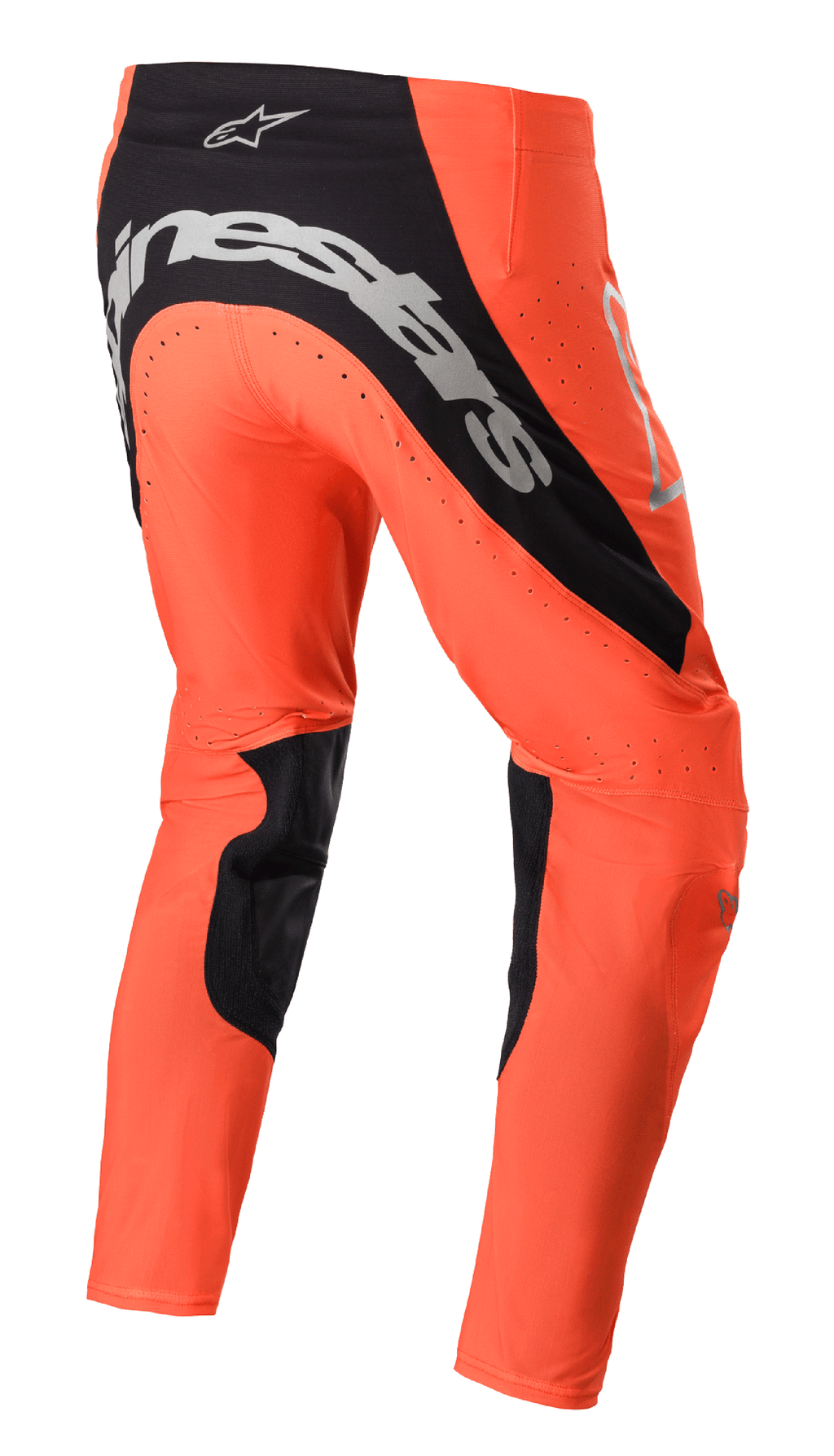 Alpinestars 2023 Supertech Risen Hose, Motocross-Hose, Hot Orange und Schwarz, Rückansicht mit markantem silbernem Branding am Gesäß, schwarzen Innenbein-Einsätzen und perforierten Belüftungszonen für den Offroad-Einsatz