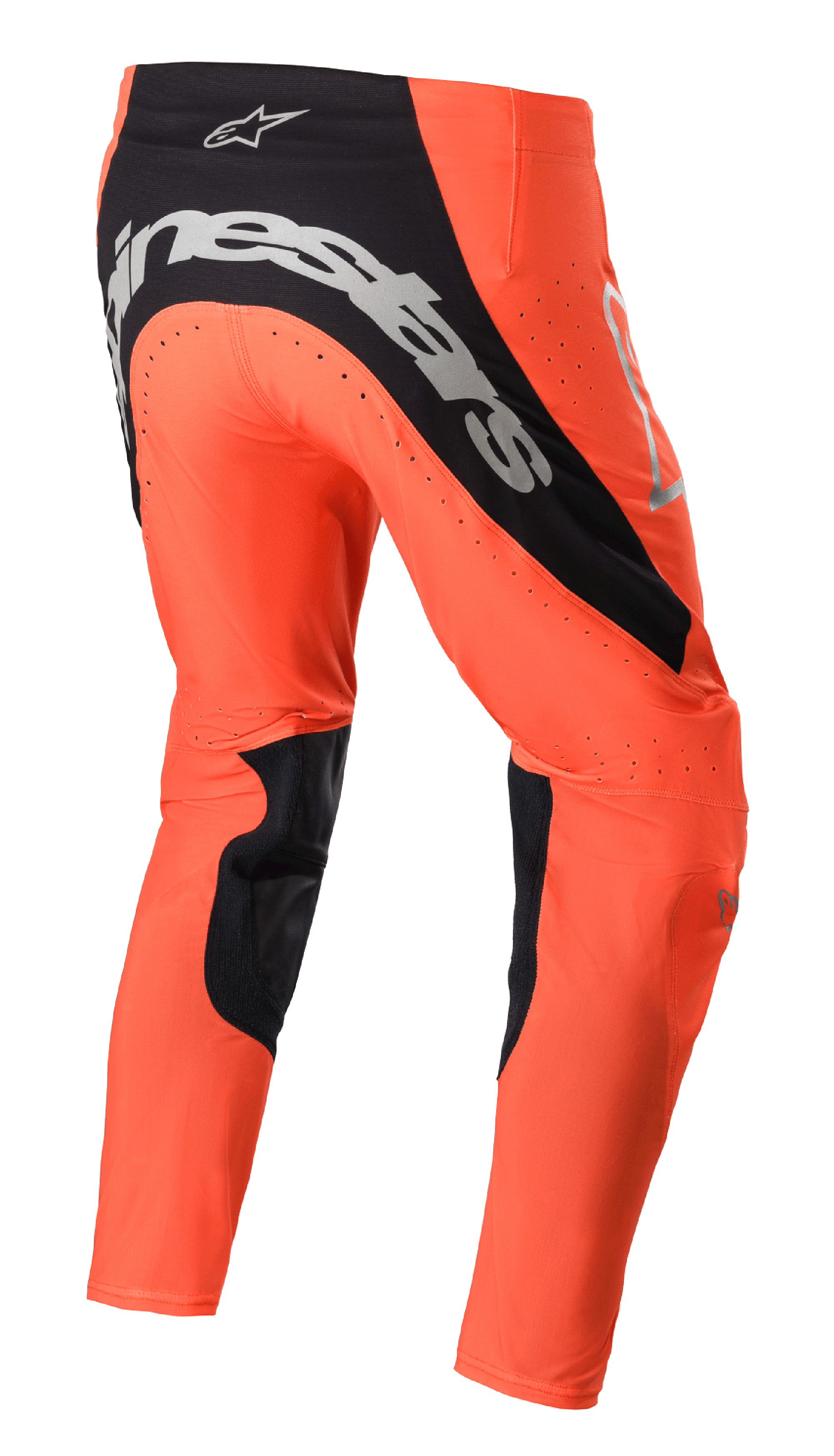 Alpinestars 2023 Supertech Risen Hose, Motocross-Hose, Hot Orange und Schwarz, Rückansicht mit markantem silbernem Branding am Gesäß, schwarzen Innenbein-Einsätzen und perforierten Belüftungszonen für den Offroad-Einsatz