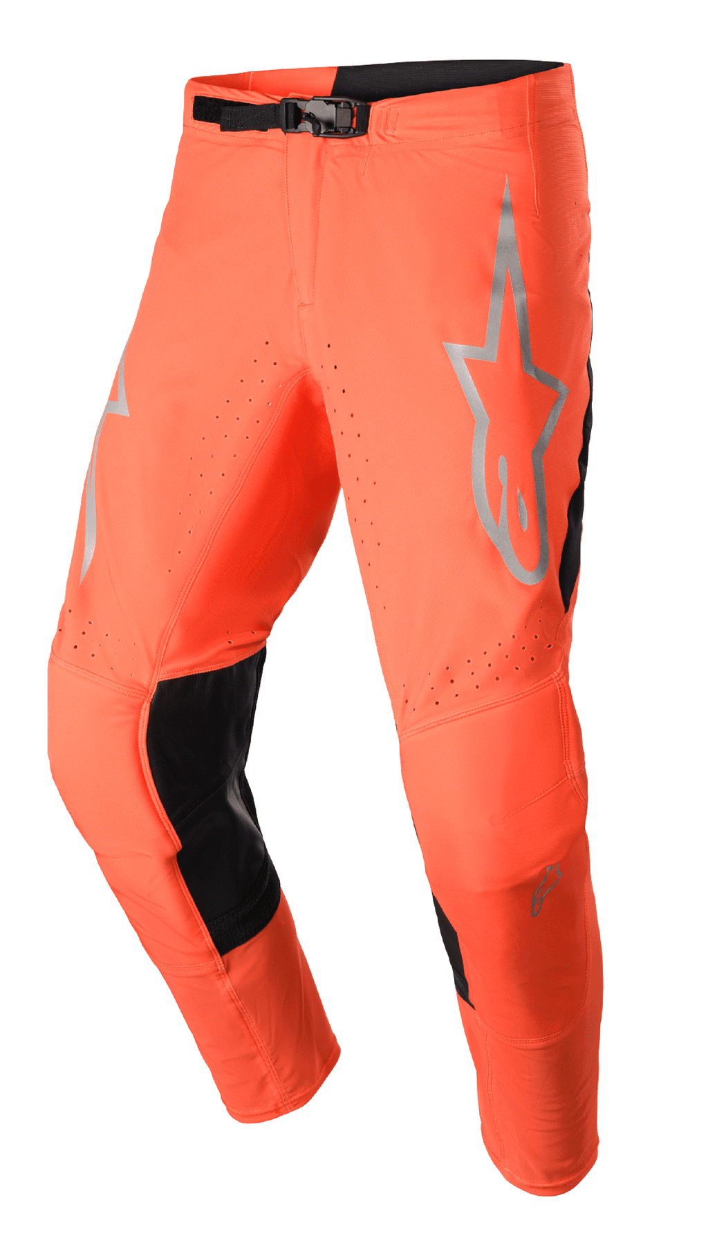 Alpinestars 2023 Supertech Risen Hose, Motocross-Hose, Hot Orange und Schwarz, mit grauem Stern-Logo am Oberschenkel, verstellbarem Schnallenverschluss, perforierten Belüftungszonen und verstärkten schwarzen Innenbein-Einsätzen.