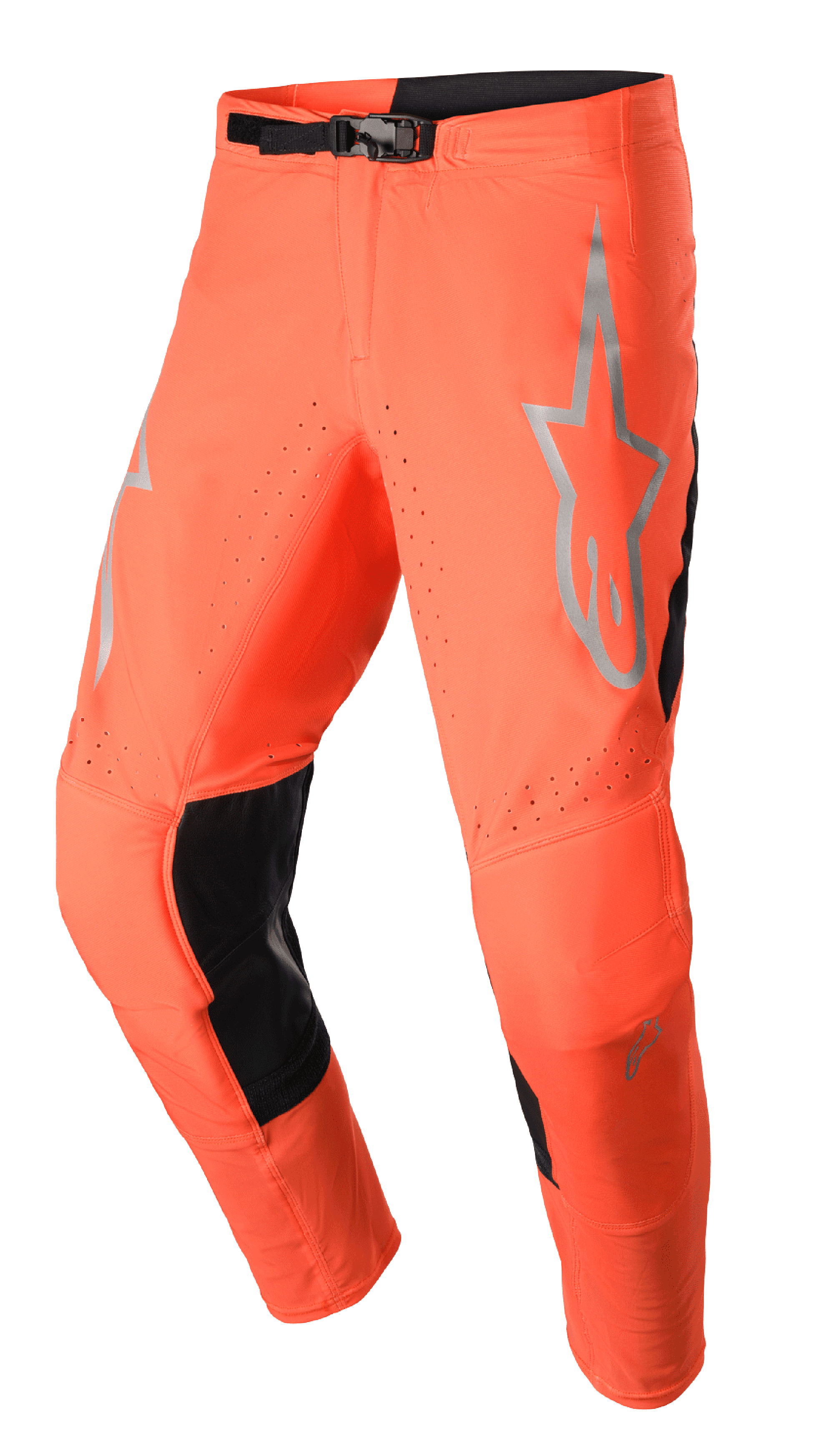 Alpinestars 2023 Supertech Risen Hose, Motocross-Hose, Hot Orange und Schwarz, mit grauem Stern-Logo am Oberschenkel, verstellbarem Schnallenverschluss, perforierten Belüftungszonen und verstärkten schwarzen Innenbein-Einsätzen.