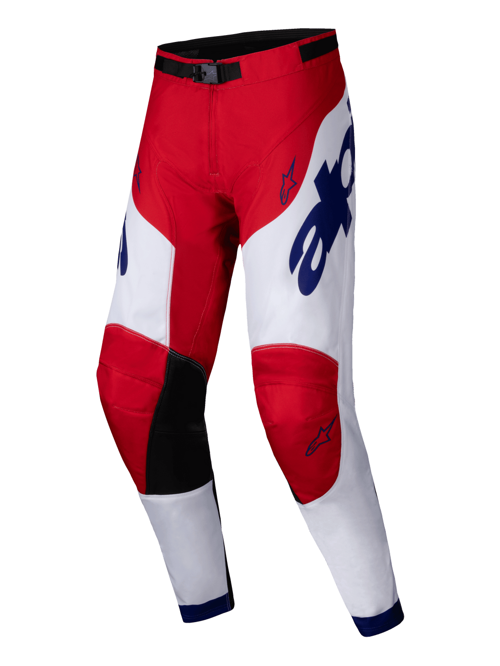 Alpinestars 2025 Racer Veil Hose, Motocross-Hose, Hellrot und Weiß mit blauen Akzenten, schwarze Knie-Innenpaneele, ergonomisches, vorgeformtes Design, markantes Branding und Stern-Logos, strapazierfähige Ausrüstung für Offroad-Rennen