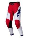 Alpinestars 2025 Racer Veil Hose, Motocross-Hose, Hellrot und Weiß mit blauen Akzenten, schwarze Knie-Innenpaneele, ergonomisches, vorgeformtes Design, markantes Branding und Stern-Logos, strapazierfähige Ausrüstung für Offroad-Rennen