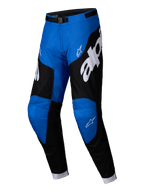 Alpinestars 2025 Racer Veil Hose, Motocross-Hose, Blau und Schwarz, mit großem weißem Alpinestars-Branding, schwarzen Seiteneinsätzen, blauen Kniebereichen und verstellbarer Schnalle am Bund.