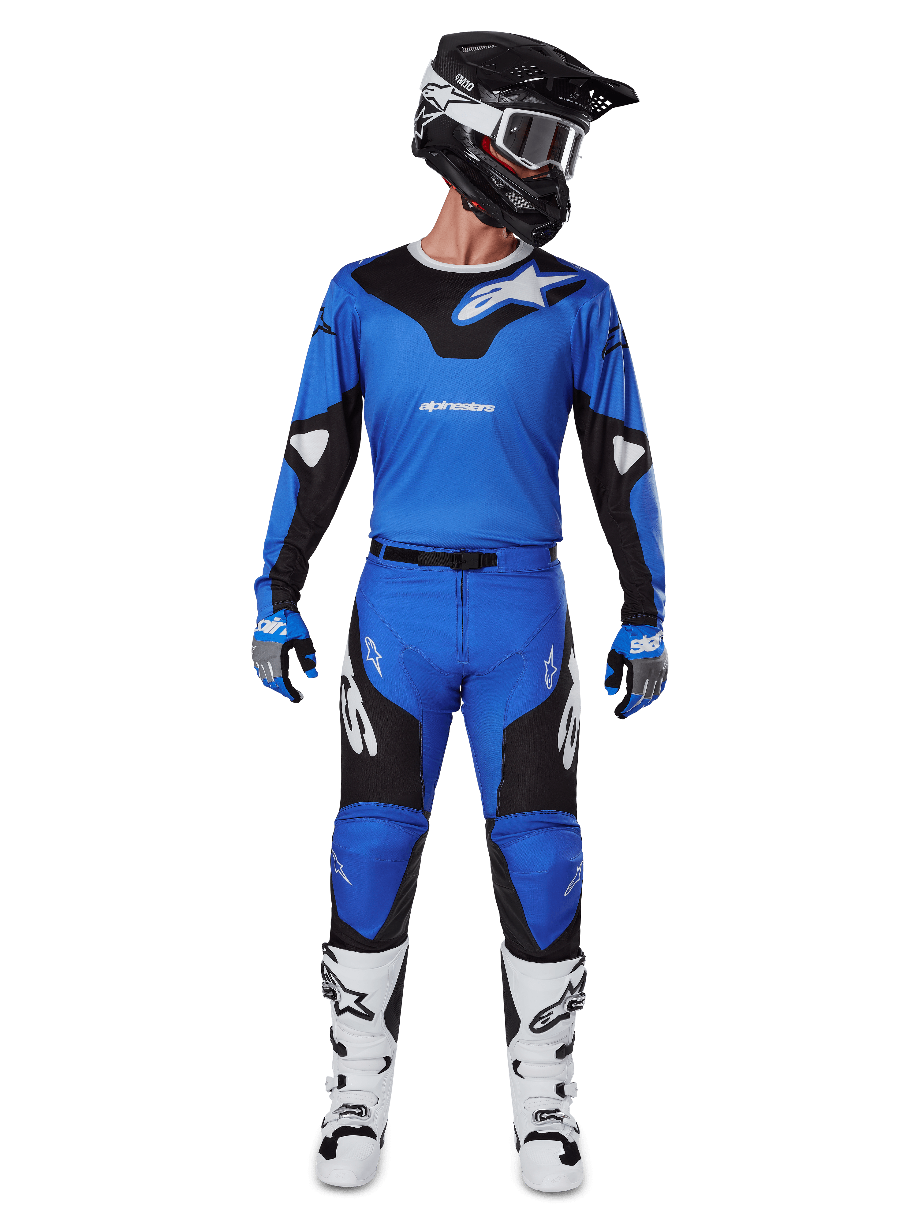 Alpinestars 2025 Racer Veil Hose, Motocross-Hose, Blau und Schwarz, getragen als komplettes Rennoutfit mit passendem blau-schwarzem Trikot, schwarz-weißem Helm, blauen Handschuhen und weißen Stiefeln, mit markanten Logos und ergonomischem Design für Offroad-Fahrten.