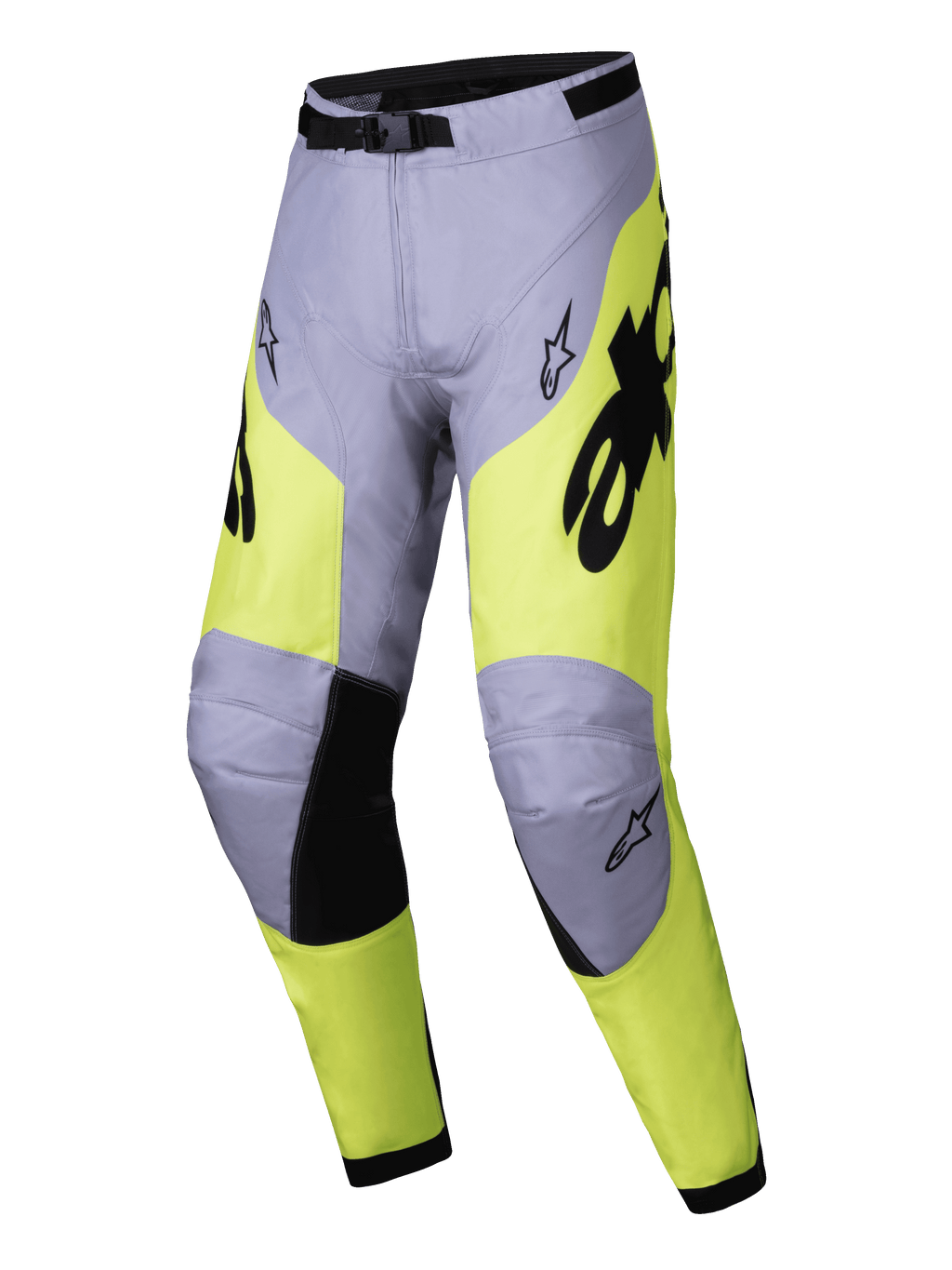 Alpinestars 2025 Racer Veil Hose, Motocross-Hose, Grau und Gelb Fluo, schwarze Akzente an den Knie-Innenseiten und der Taillenschnalle, sportliches ergonomisches Design mit Alpinestars-Logos, strapazierfähiges Textil für den Offroad-Rennsport