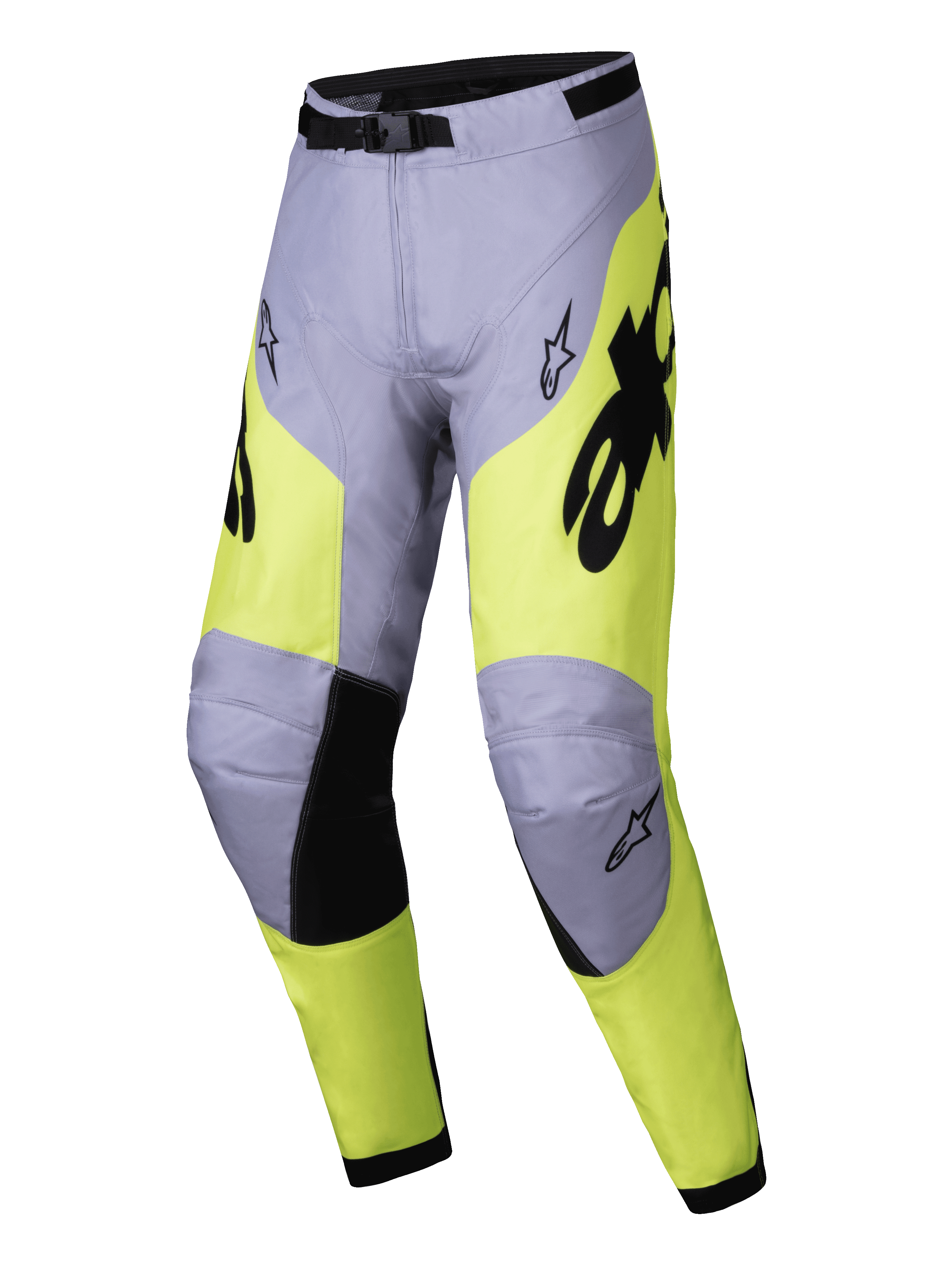 Alpinestars 2025 Racer Veil Hose, Motocross-Hose, Grau und Gelb Fluo, schwarze Akzente an den Knie-Innenseiten und der Taillenschnalle, sportliches ergonomisches Design mit Alpinestars-Logos, strapazierfähiges Textil für den Offroad-Rennsport