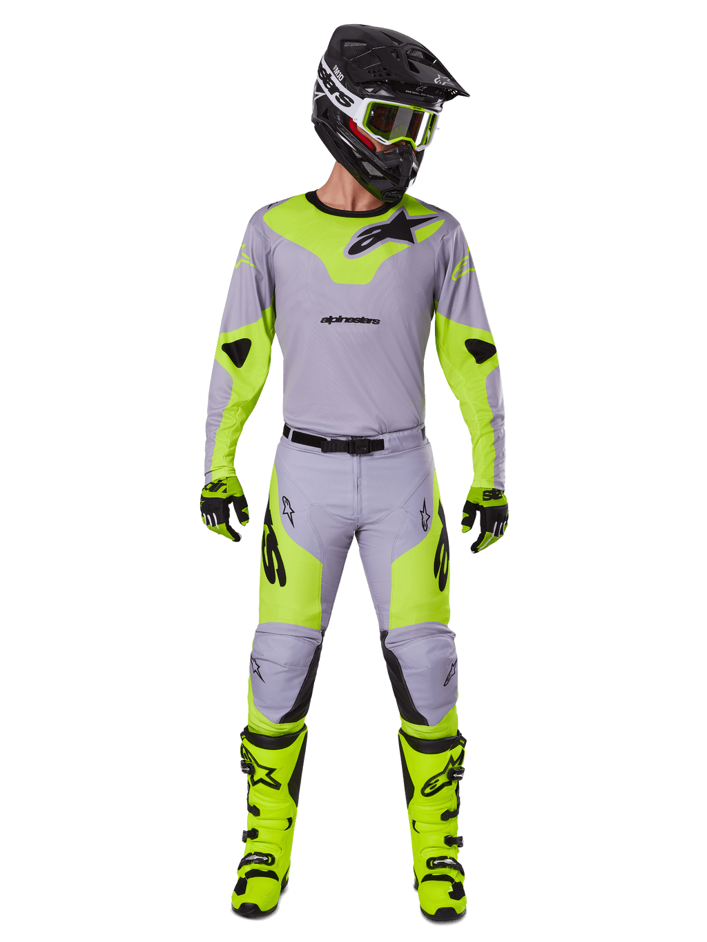 Alpinestars 2025 Racer Veil Hose, Motocross-Hose, Grau und Gelb Fluo, getragen als komplettes Rennausrüstungs-Set mit passendem Trikot, Helm, Stiefeln und Handschuhen, mit schwarzem Branding und ergonomischem Design für Offroad-Performance