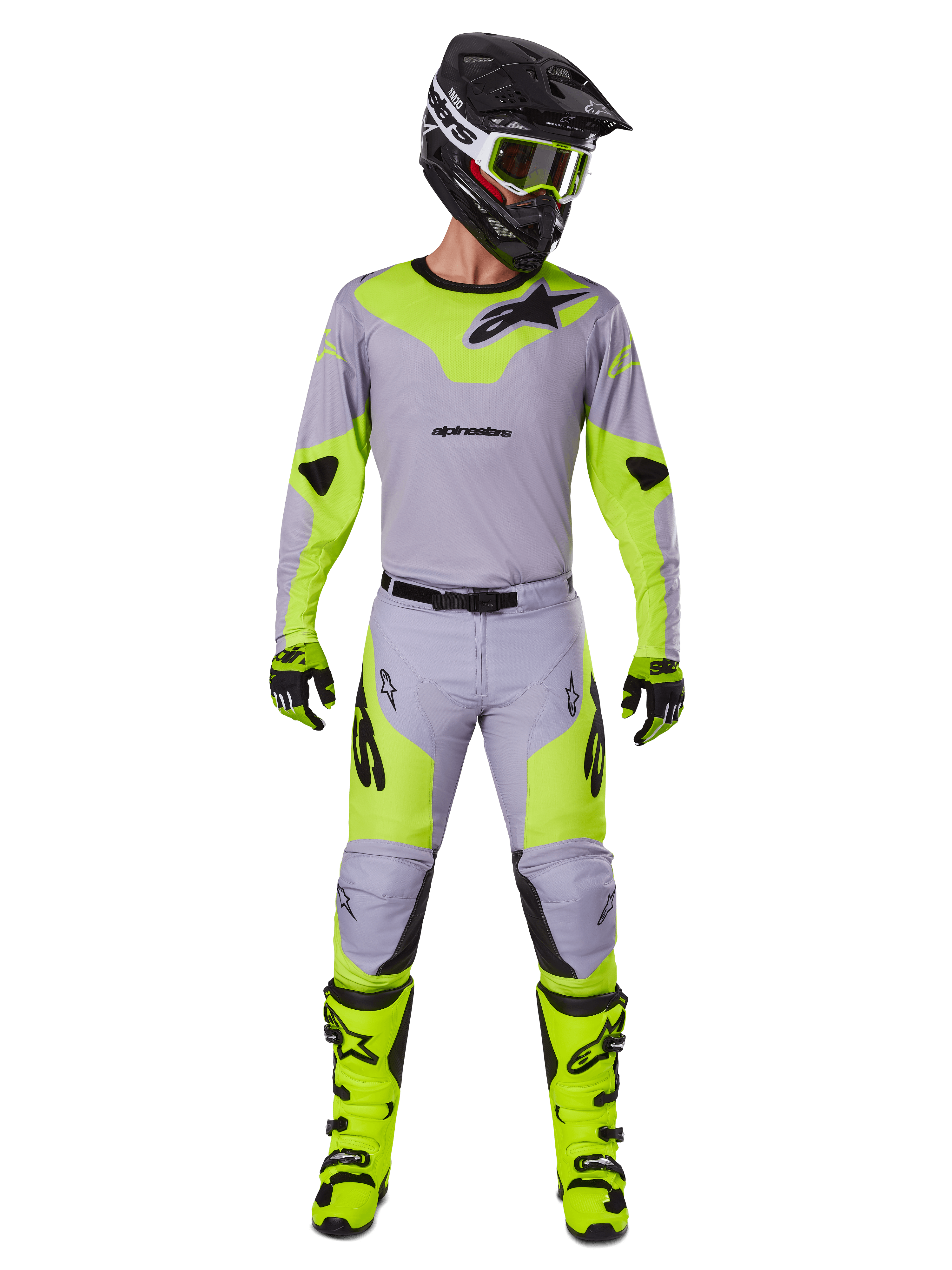 Alpinestars 2025 Racer Veil Hose, Motocross-Hose, Grau und Gelb Fluo, getragen als komplettes Rennausrüstungs-Set mit passendem Trikot, Helm, Stiefeln und Handschuhen, mit schwarzem Branding und ergonomischem Design für Offroad-Performance