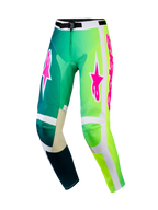Alpinestars 2026 Racer Portl Hose, Motocross-Hose, Grün und Weiß mit leuchtend pinkfarbenen Logos, mit einem Farbverlauf von Blaugrün zu Neongrün, verstärkten Innenknien und einer sicheren Taillenschnalle für den Offroad-Rennsport.