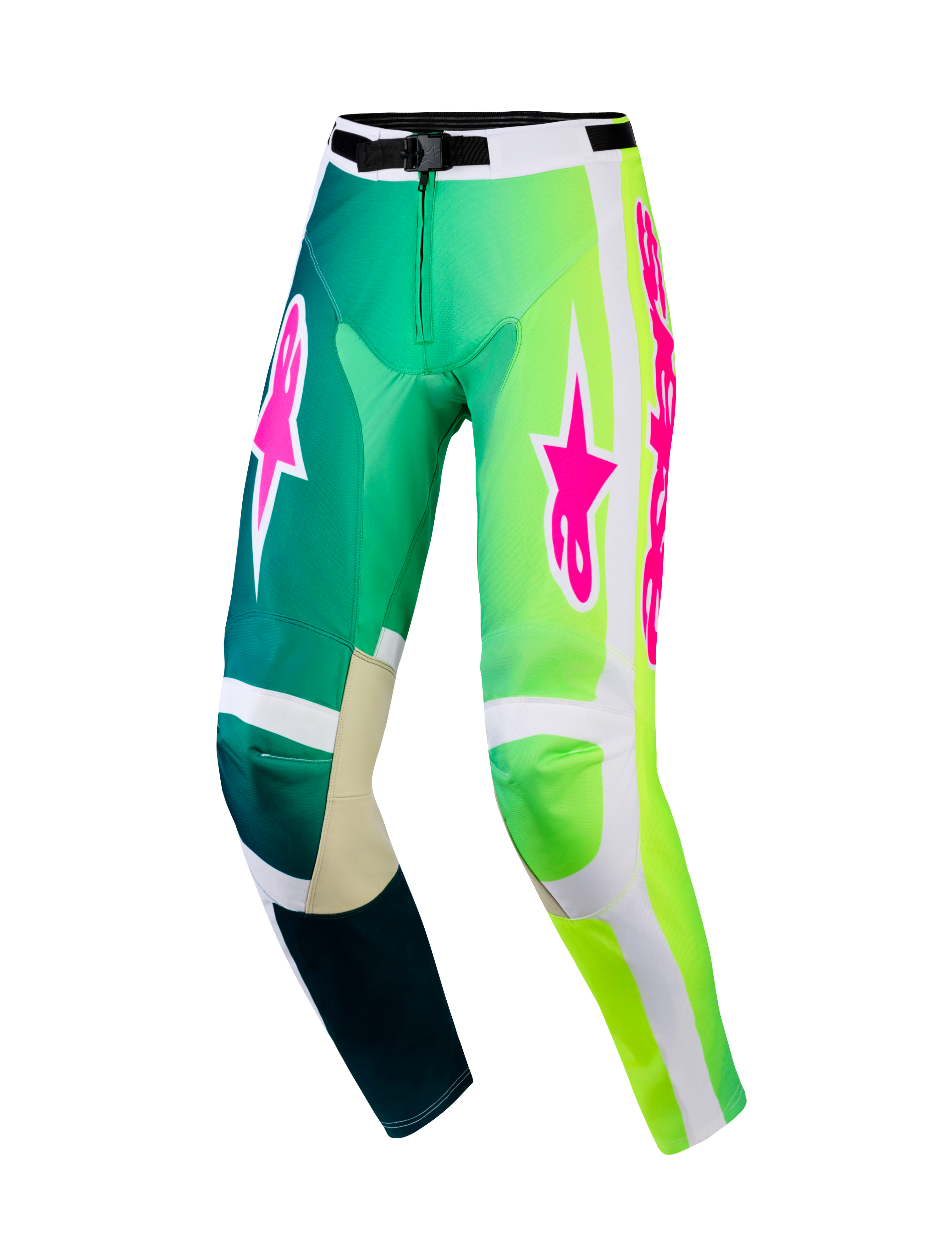Alpinestars 2026 Racer Portl Hose, Motocross-Hose, Grün und Weiß mit leuchtend pinkfarbenen Logos, mit einem Farbverlauf von Blaugrün zu Neongrün, verstärkten Innenknien und einer sicheren Taillenschnalle für den Offroad-Rennsport.