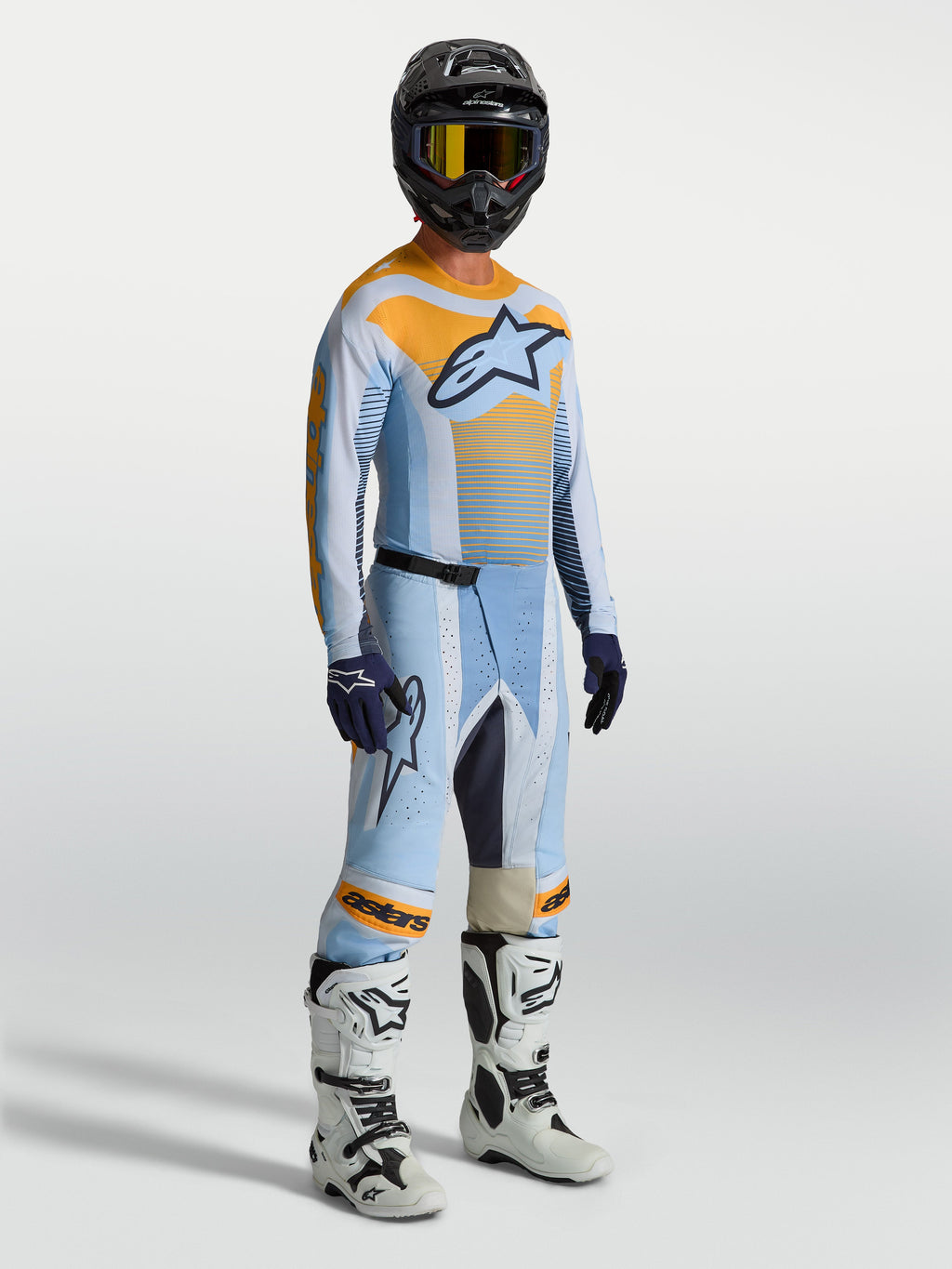 Alpinestars Techstar Maven Hose für Herren, Motocross-Hose in Blau und Orange, athletischer Rennschnitt mit Stretchzonen.