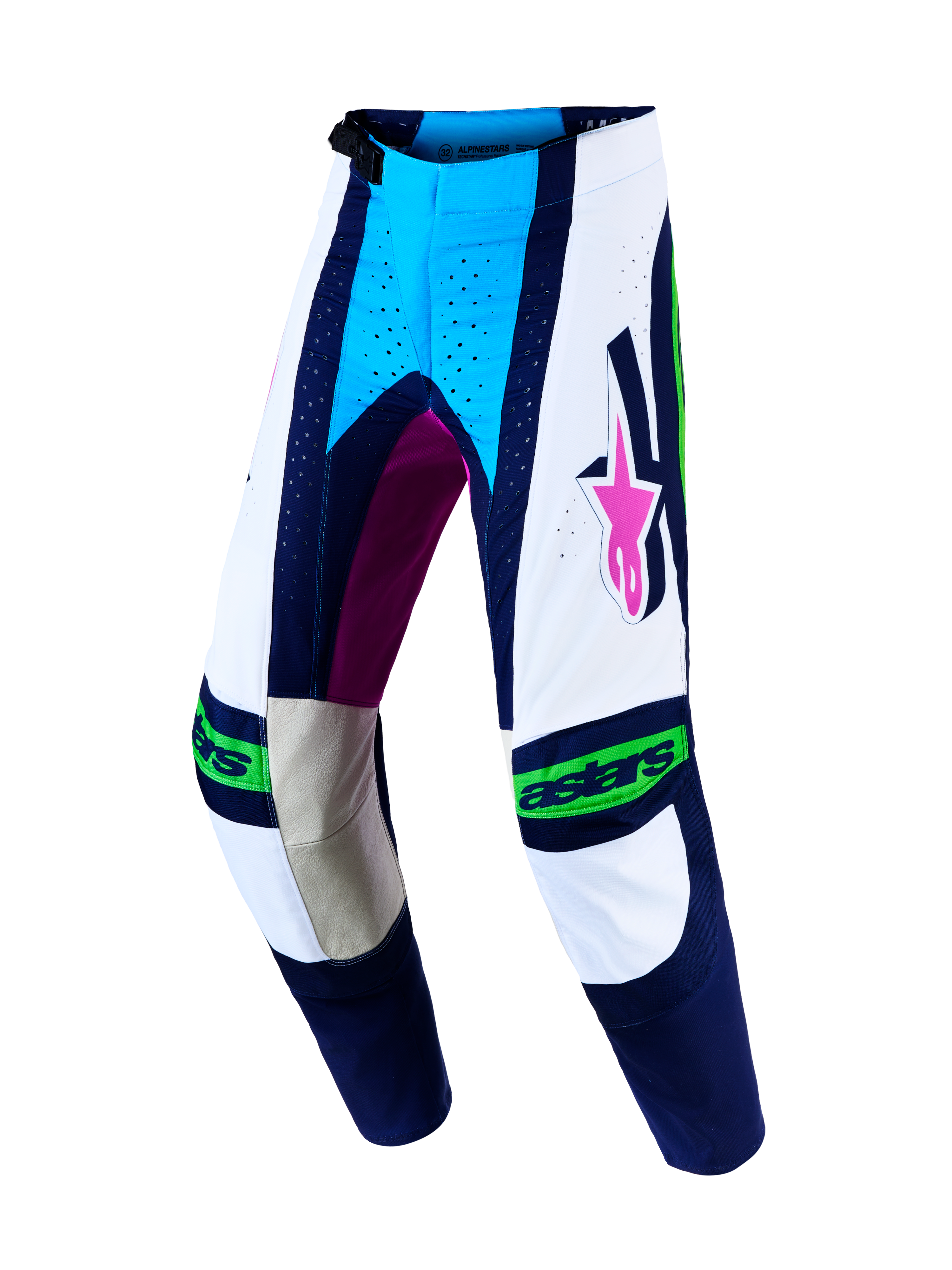 Alpinestars Techstar Maven Motocross-Hose, Herren, Weiß und Blau, Leder-Knieeinsätze, athletische Rennpassform.