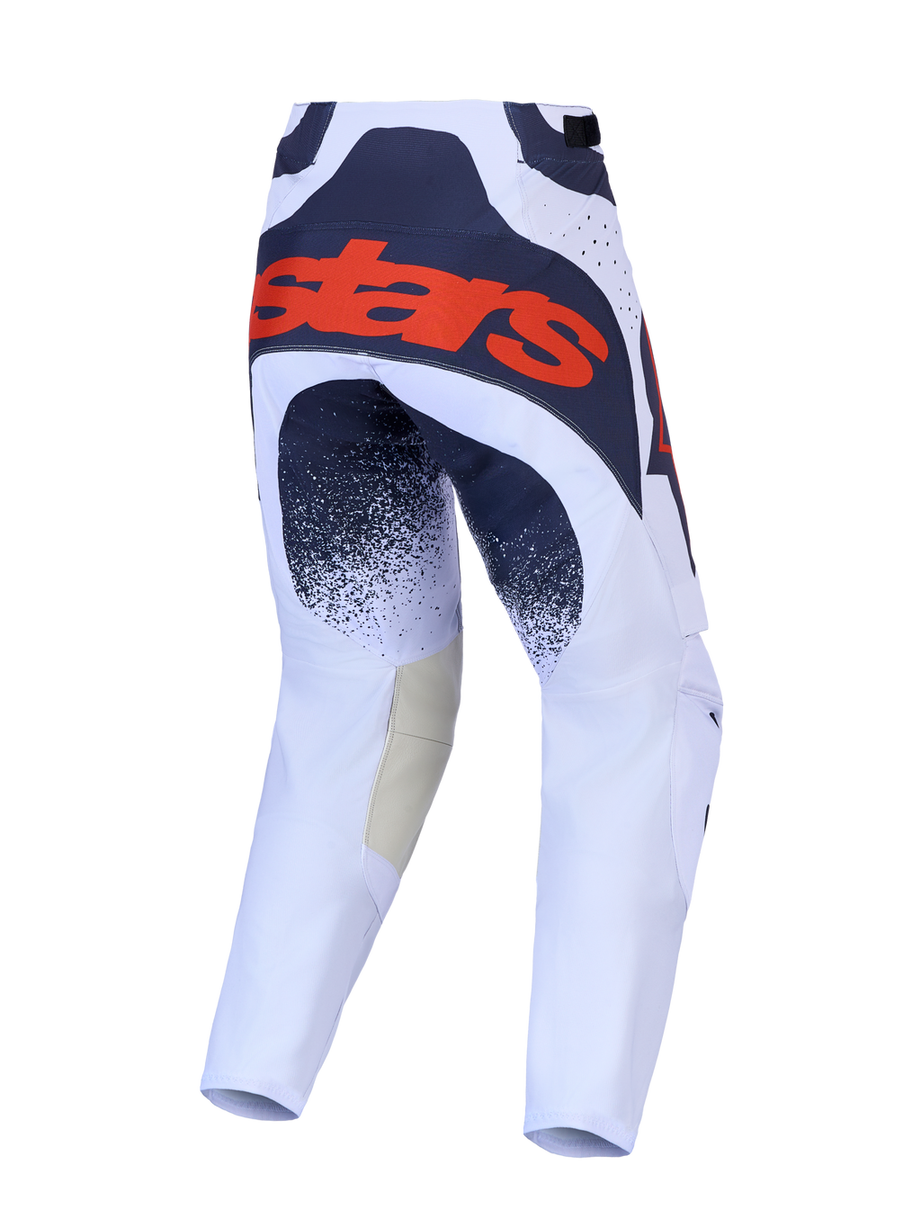 Alpinestars Techstar Swan Hose, Motocross-Hose in Helllila und Dunkelgrau, Rückansicht mit markantem rotem Fluo-Logo auf dem Gesäß, robuste MX-Performance-Ausrüstung.